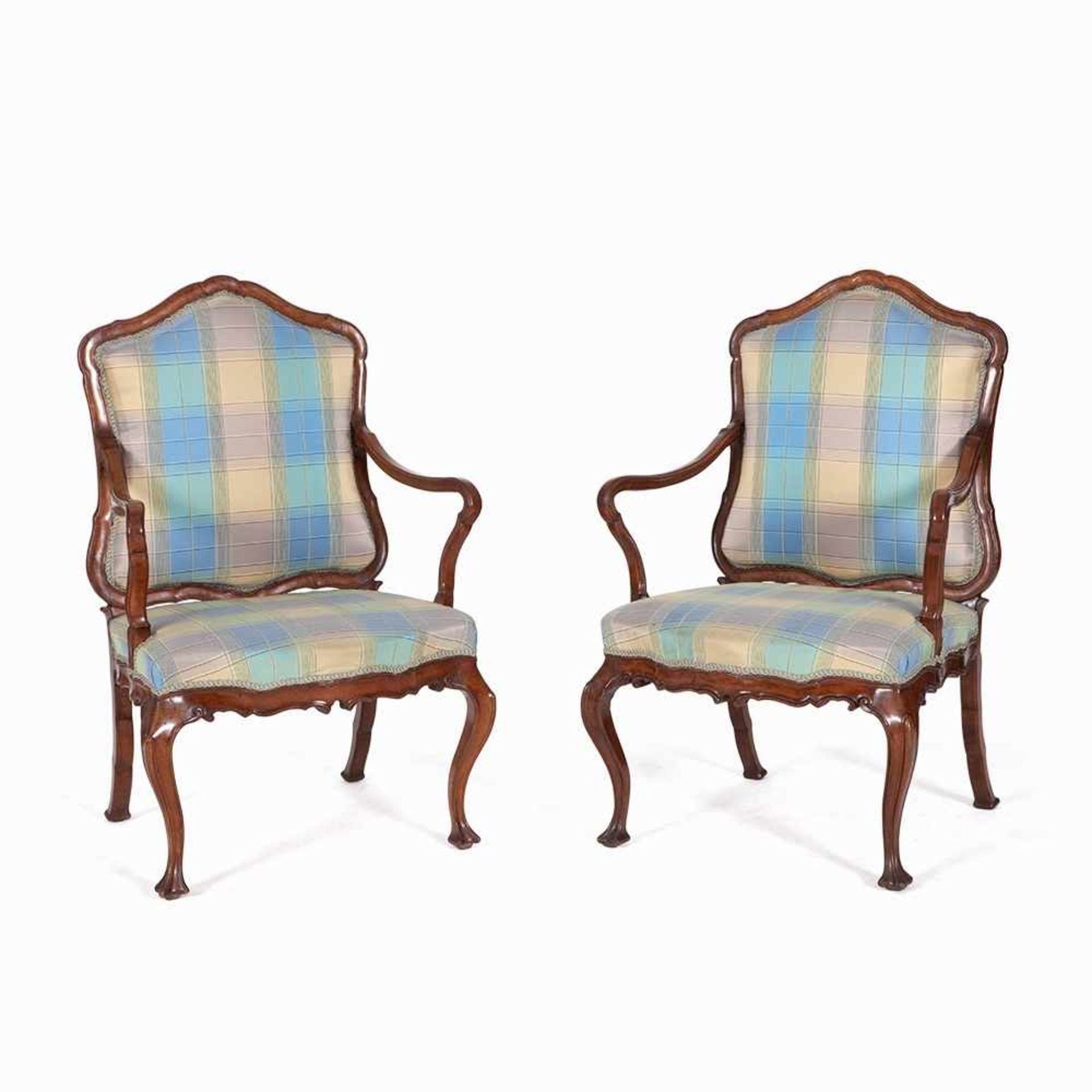 Pair of Armchairs with Curved Shapes, Italy, 18th C. Walnut, solid, cut, textile covering Italy, - Bild 5 aus 13