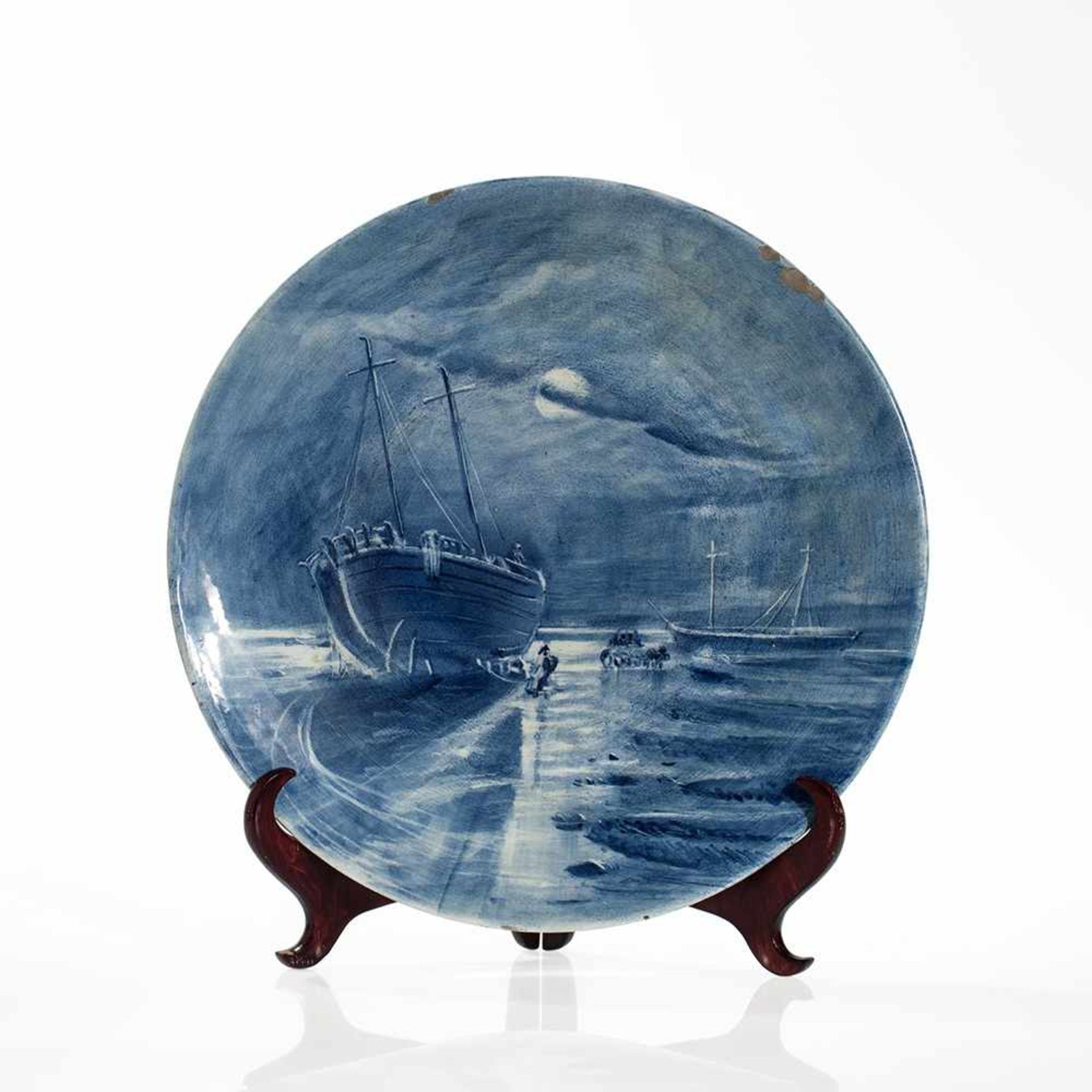 Large Wall Plate with Maritime Moonlight Scene, Germany, 20th C White glazed faience with blue - Bild 6 aus 6