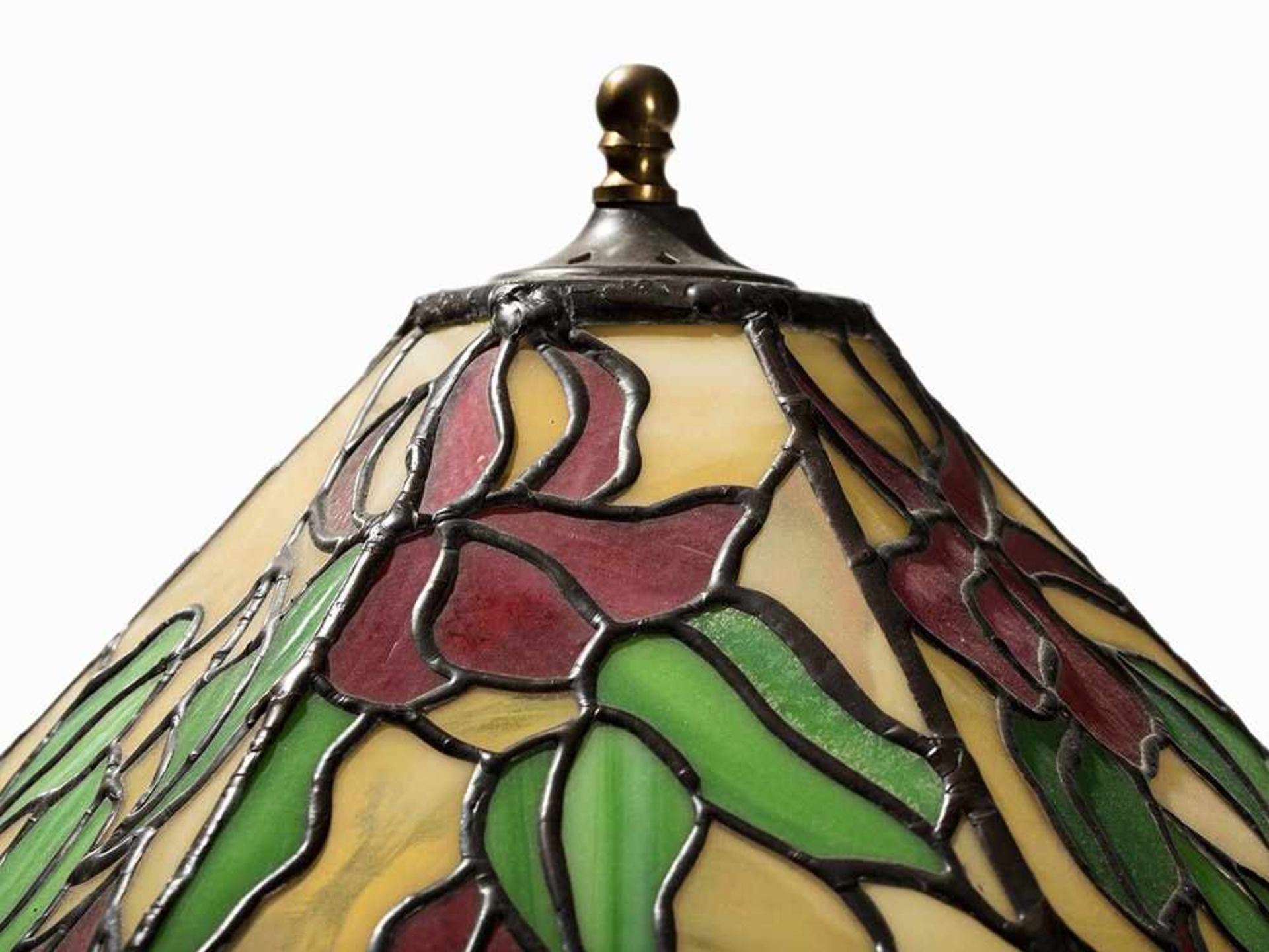 Tiffany Style, Table Lamp, Germany, 19 / 20th C. Brass, synthetics, porcelain, plumb Germany, 19/ - Bild 2 aus 6