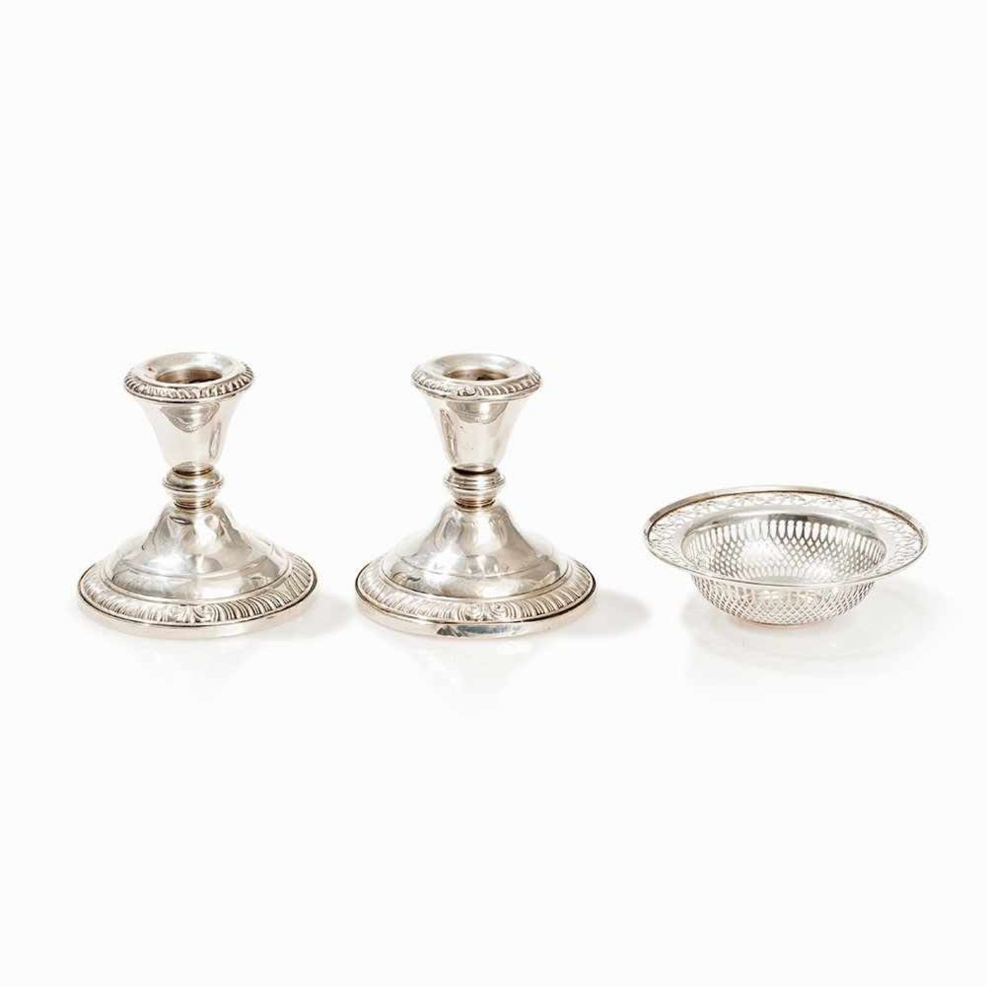 Pair of Silver Candlesticks & Small Silver Bowl, USA, c. 1940 925 sterling silver, weighted USA, - Bild 7 aus 7
