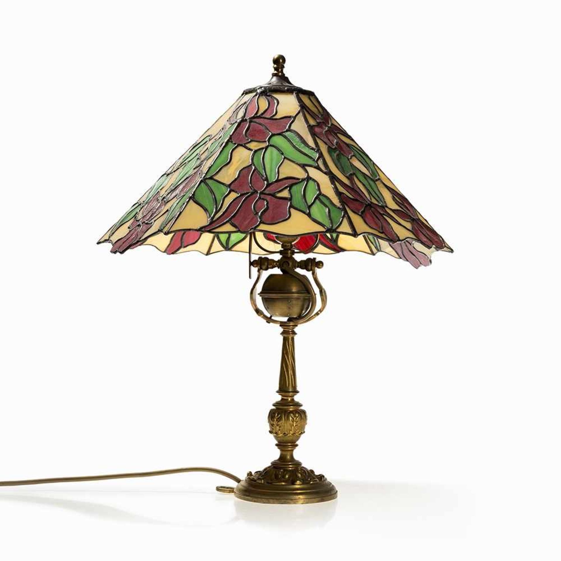 Tiffany Style, Table Lamp, Germany, 19 / 20th C. Brass, synthetics, porcelain, plumb Germany, 19/ - Bild 6 aus 6
