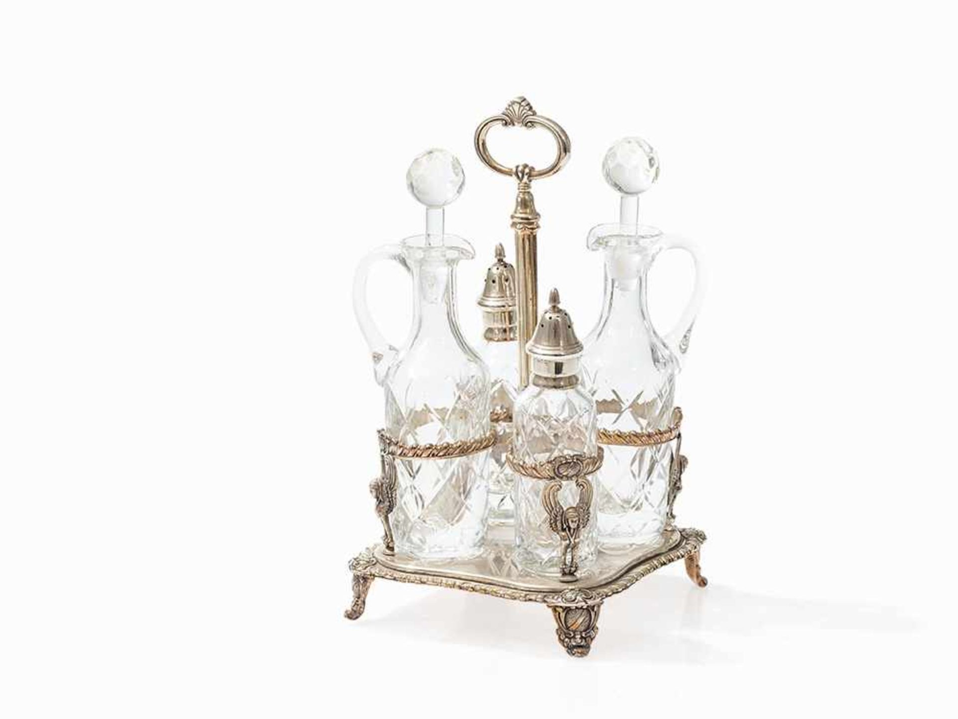 Silver Cruet Stand, Caruso Argenti, Italy,20th C. Crystal glass, cut, sterling silver, cast and