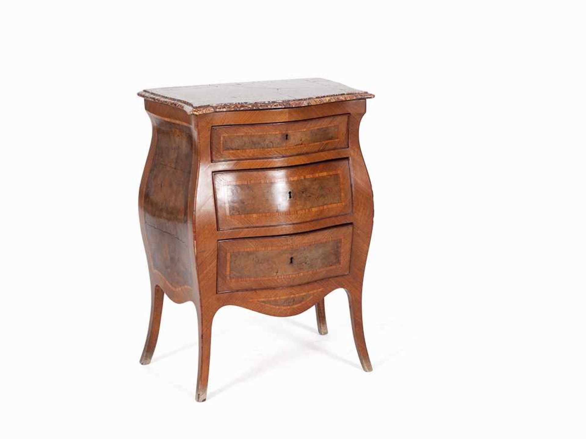 Louis XV Chest of Drawers with Marble Top, France, 18th C. Mahogany and root wood, veneered,