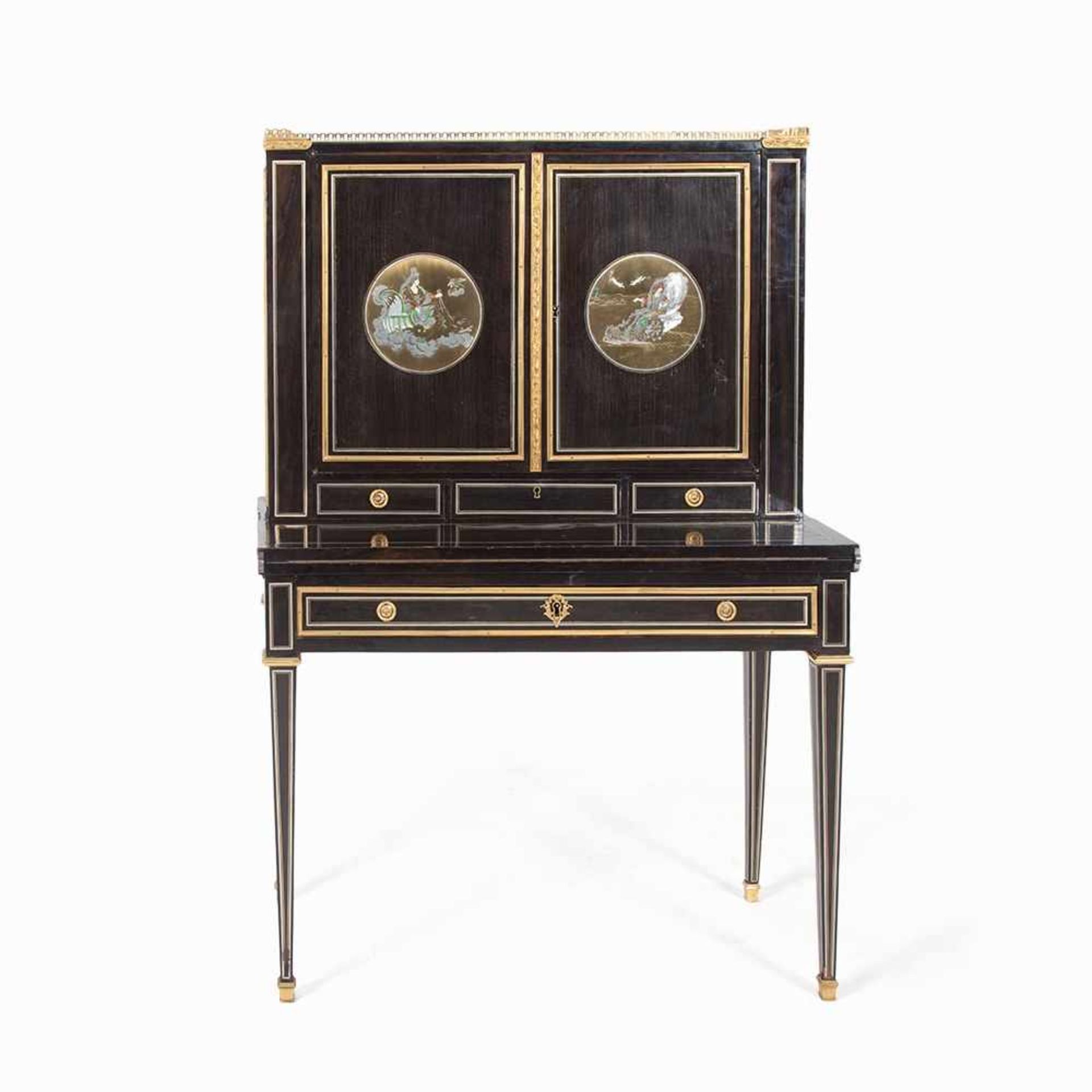 Bonheur Du Jour, Ebony-Veneered, France, Late 18th C. Ebony and mahogany veneer, mother-of-pearl, - Bild 5 aus 13