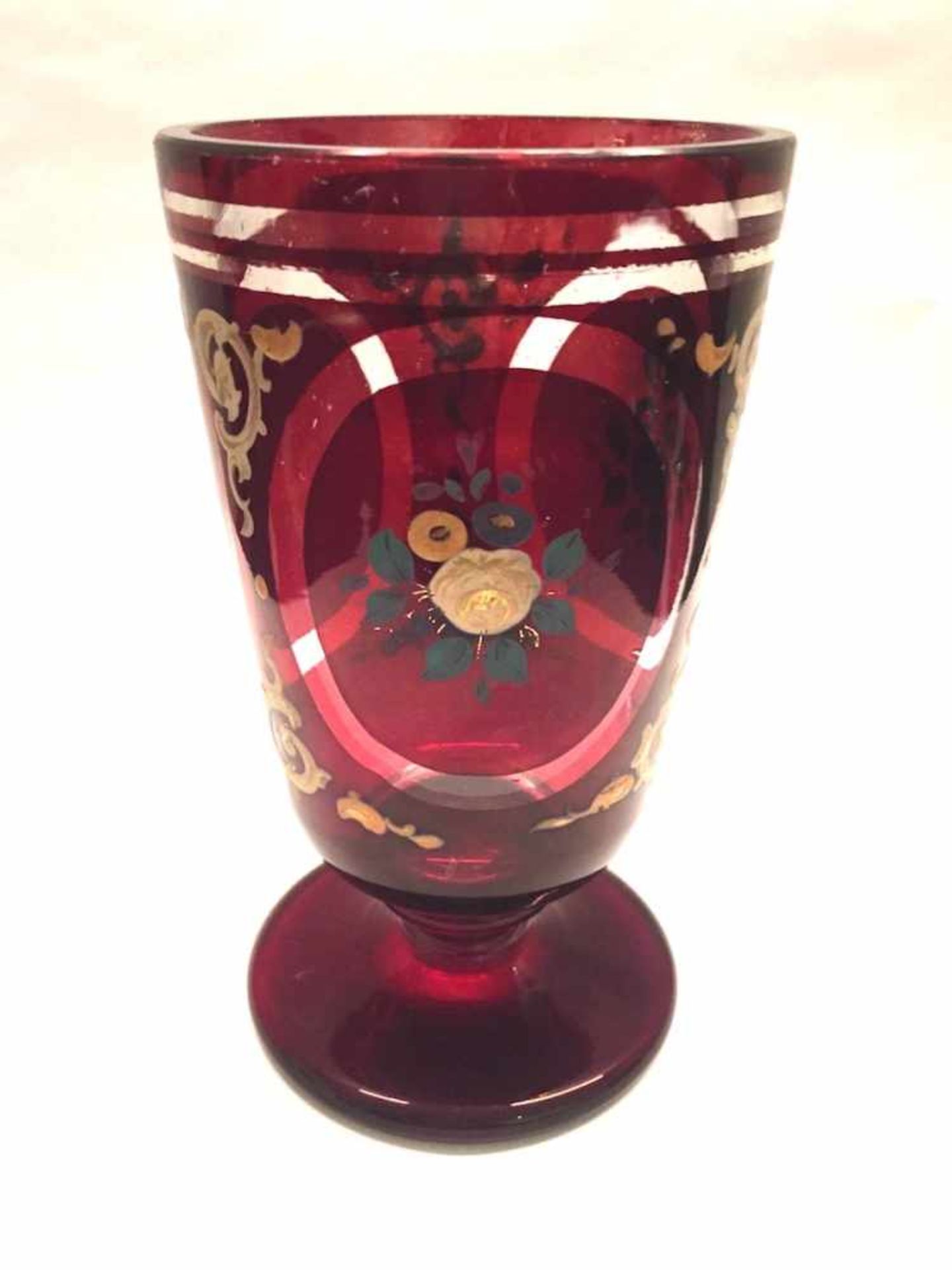 Drinking Glass Ruby red with flower ornaments