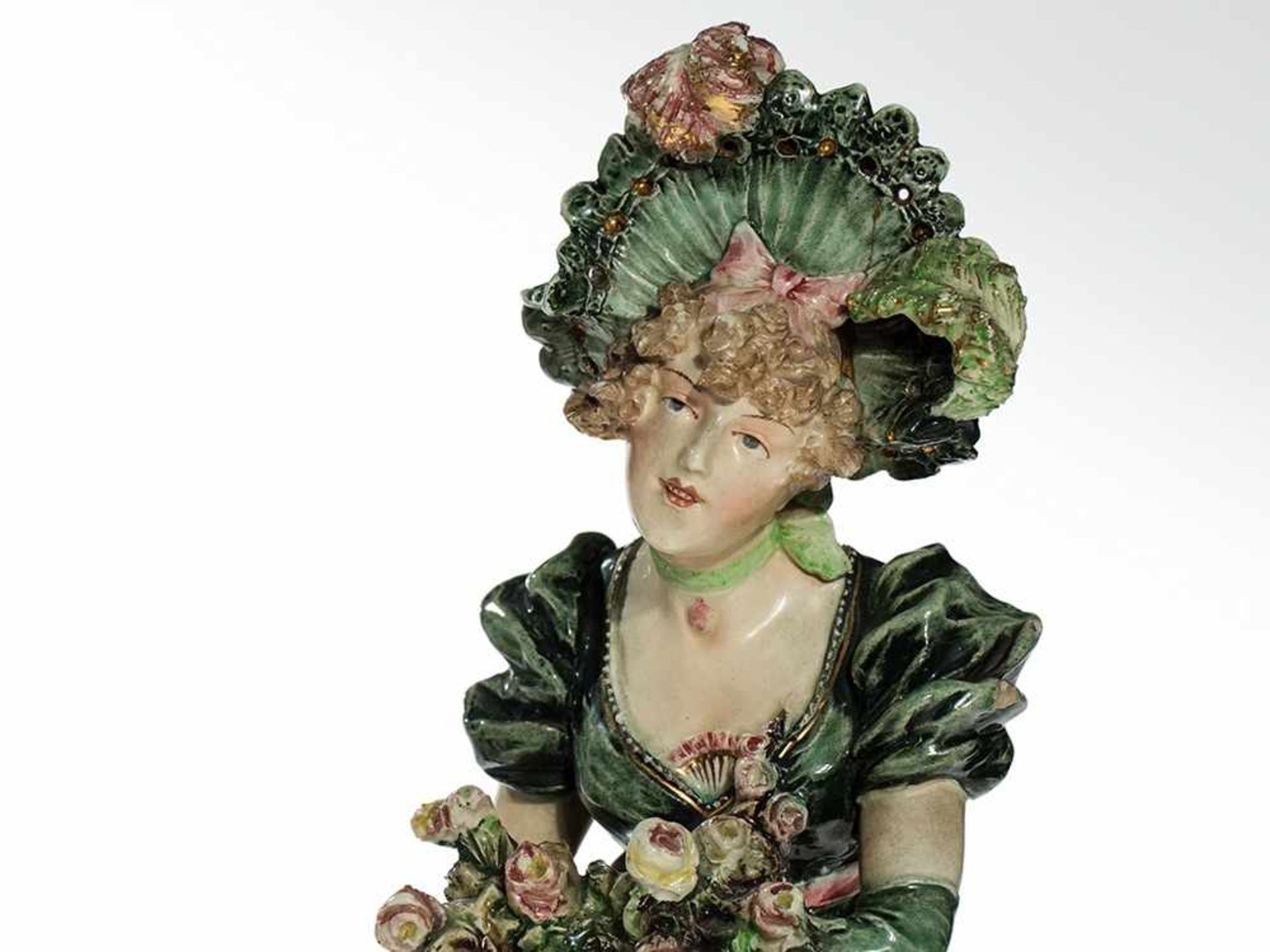 Two Art Nouveau Majolica Figures ‘Lady and Gentleman’, 1910/20 Hand-painted majolica with delicate - Bild 11 aus 16