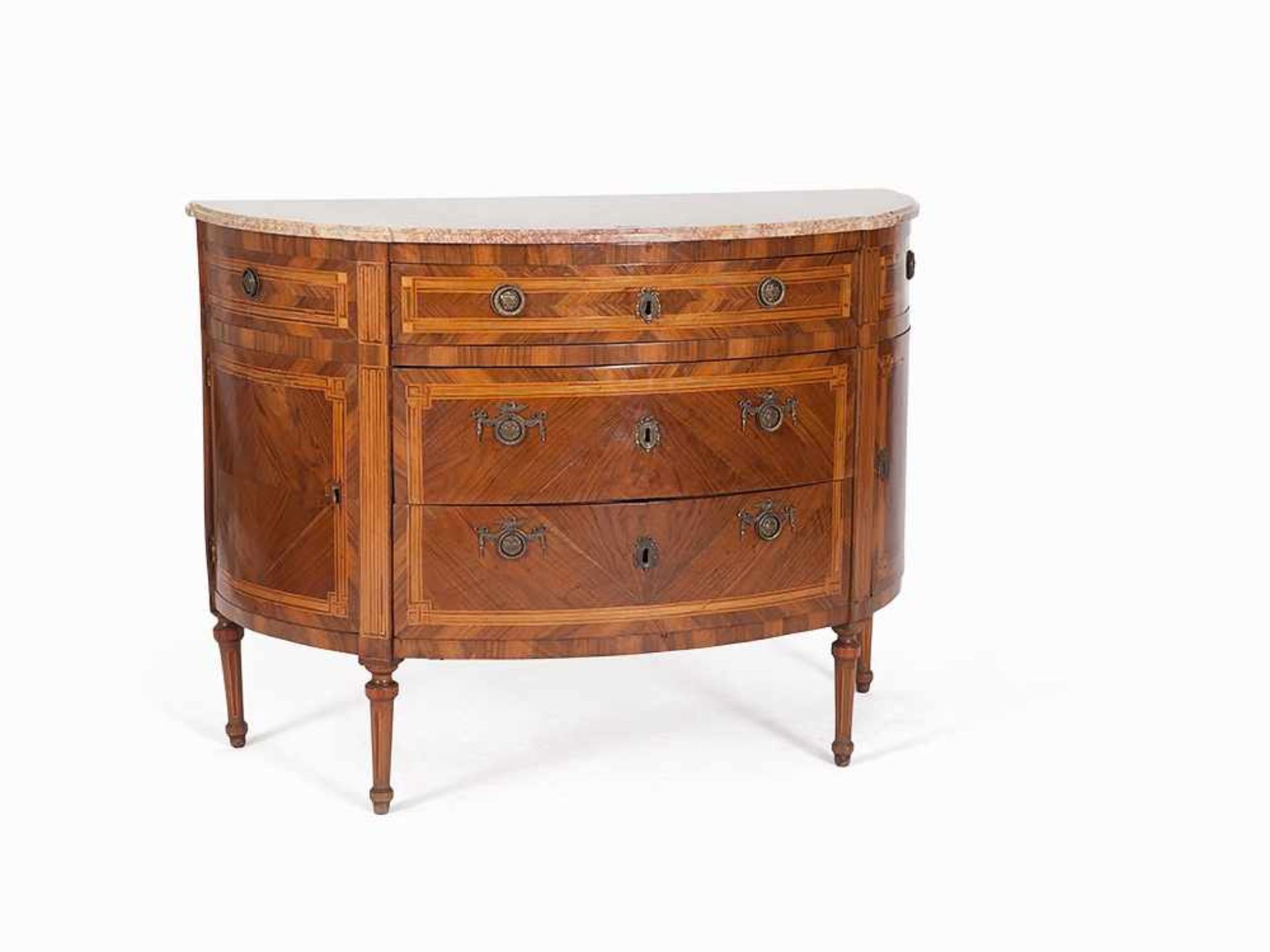 "Demi-Lune" Commode, Rosewood Veneer, Turin, late 18th C. Softwood, bois de violette veneer, marble,