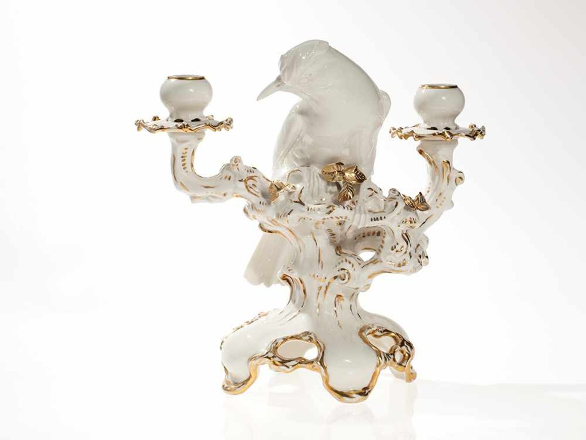 Lorenz Hutschenreuther Selb Candlestick with Bird, 1920-1938 Porcelain, white glaze and gold