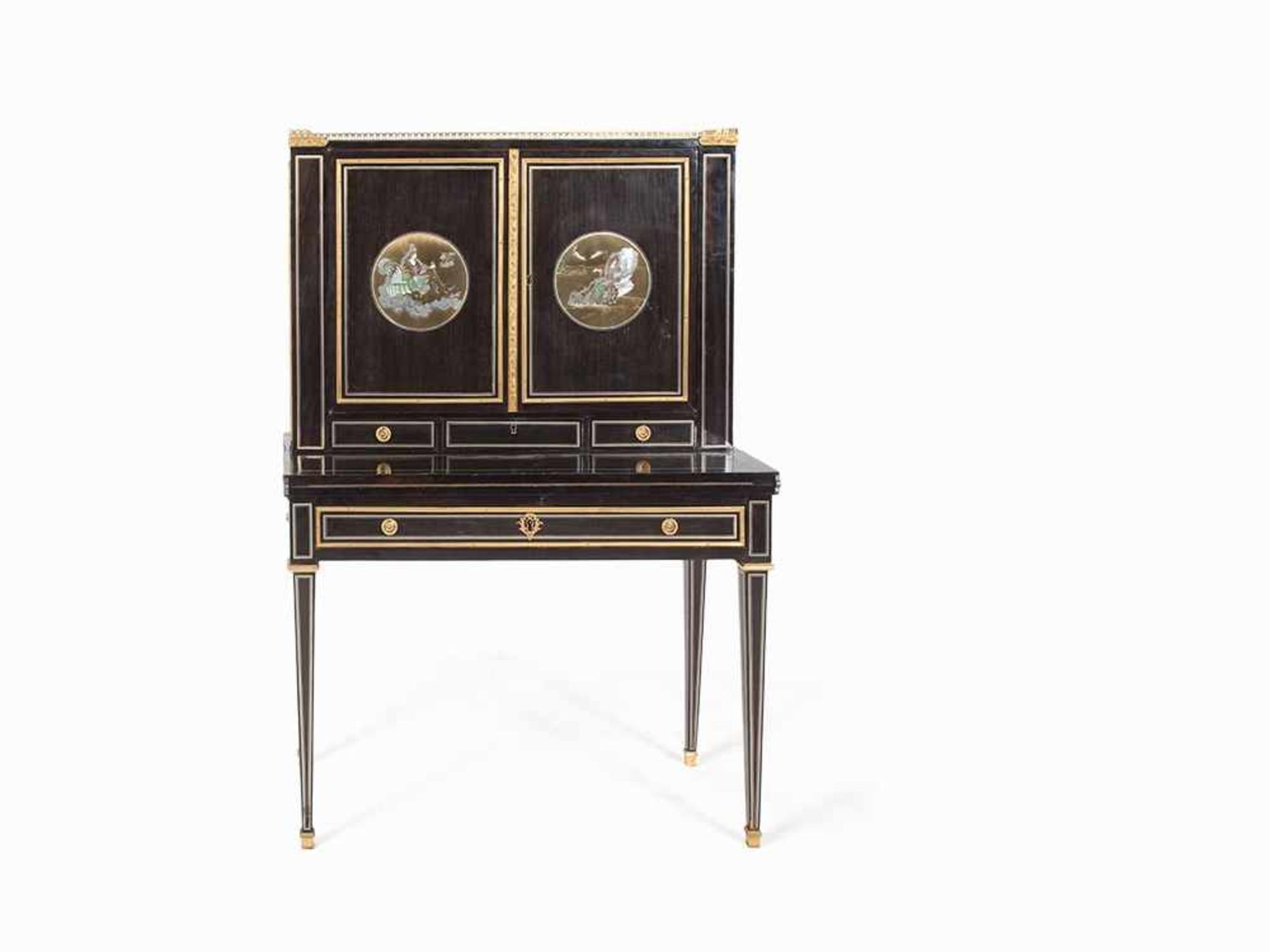 Bonheur Du Jour, Ebony-Veneered, France, Late 18th C. Ebony and mahogany veneer, mother-of-pearl, - Bild 2 aus 13