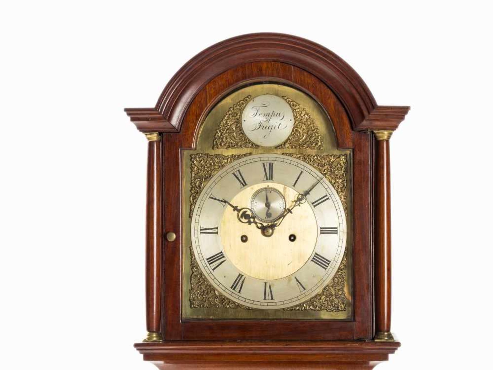 English Long Case Clock, Hour Strike & Small Second, 19th C. Mahogany veneer, brass, various metals, - Bild 2 aus 12