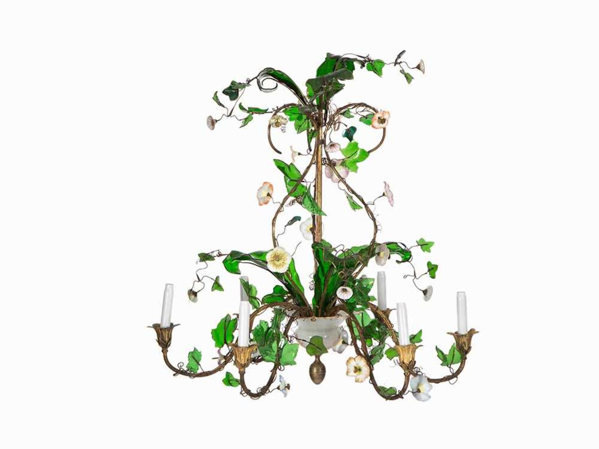 J. & L. Lobmeyer, 6-Flame Floral Chandelier, Austria, c. 1850 Metal, brass-plated, glass,