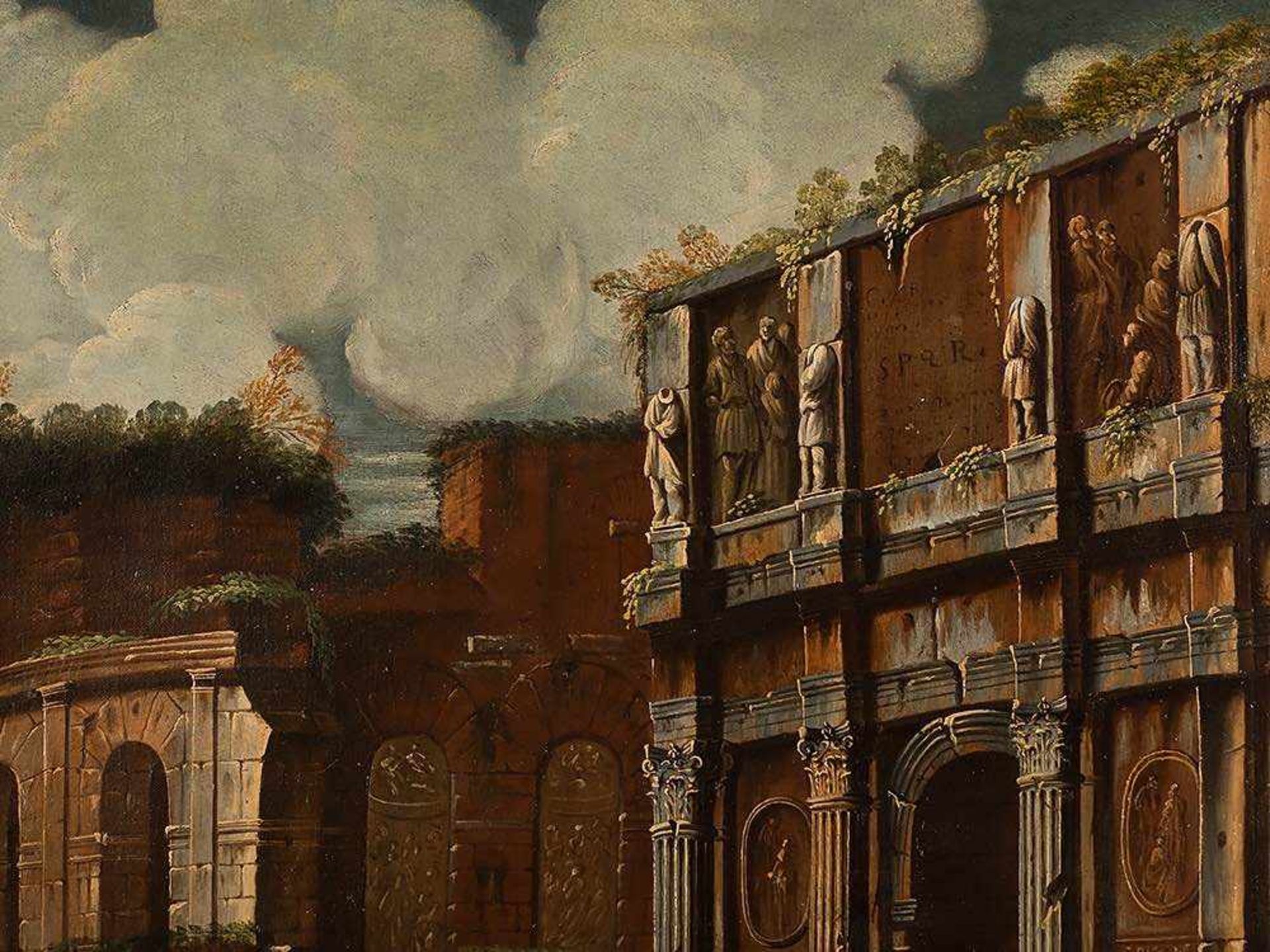 Capriccio with the Colosseum, Oil, Italian School, 17th C. Oil on canvas, relined Italy, 17th - Bild 7 aus 11