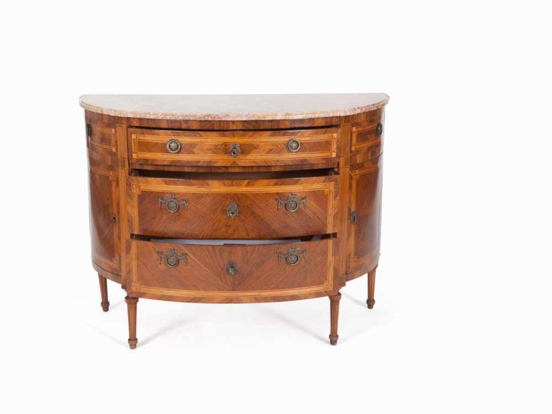 "Demi-Lune" Commode, Rosewood Veneer, Turin, late 18th C. Softwood, bois de violette veneer, marble, - Bild 11 aus 16