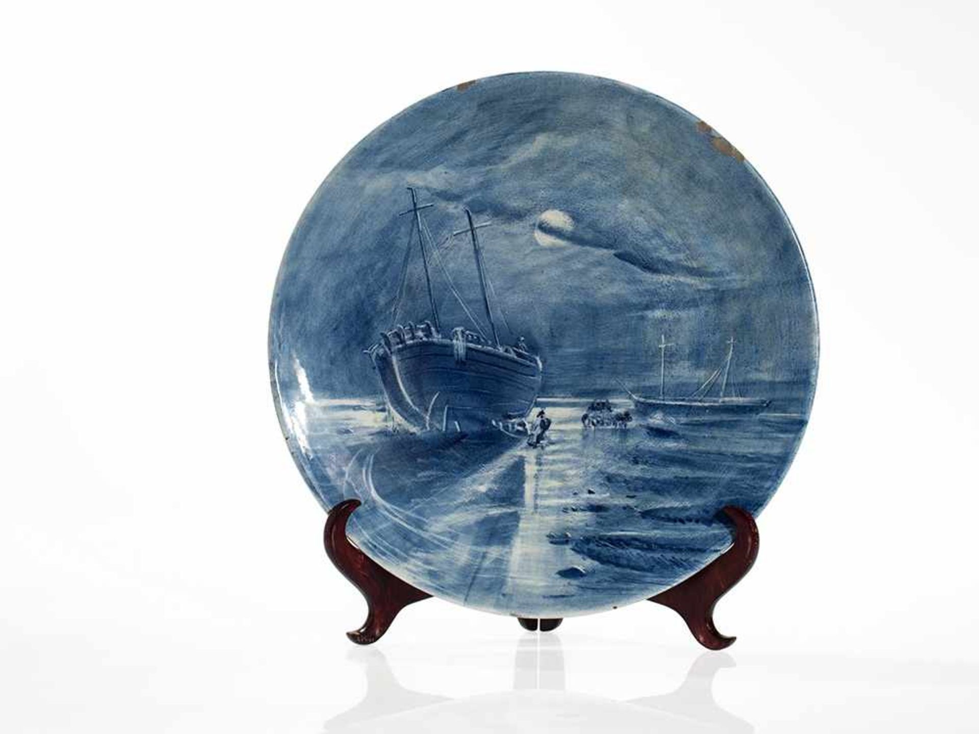 Large Wall Plate with Maritime Moonlight Scene, Germany, 20th C White glazed faience with blue