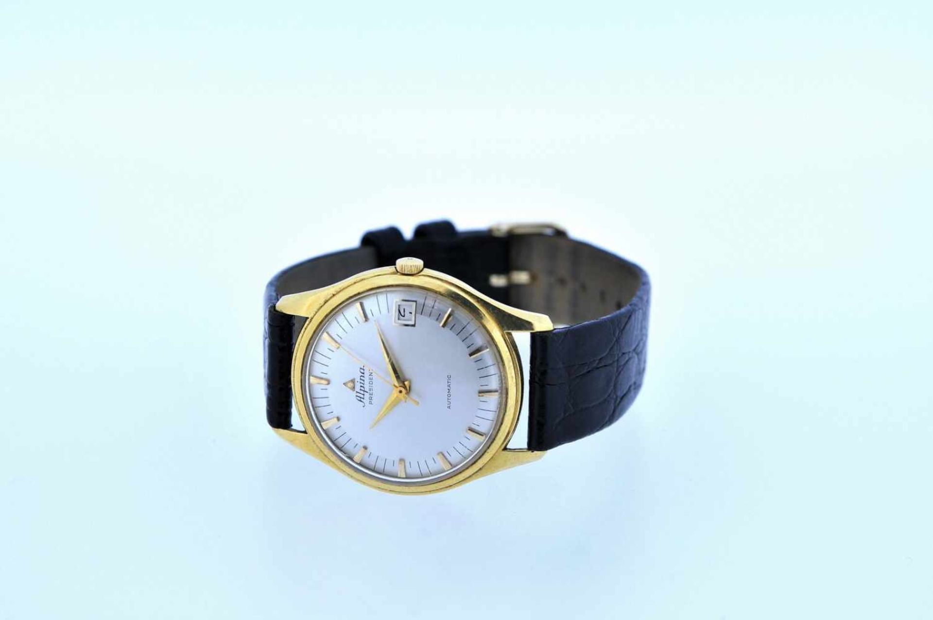 Alpina Goldene 18karätige Armbanduhr an Lederband, Alpina President, Automatik, Ankerwerk, - Bild 3 aus 5