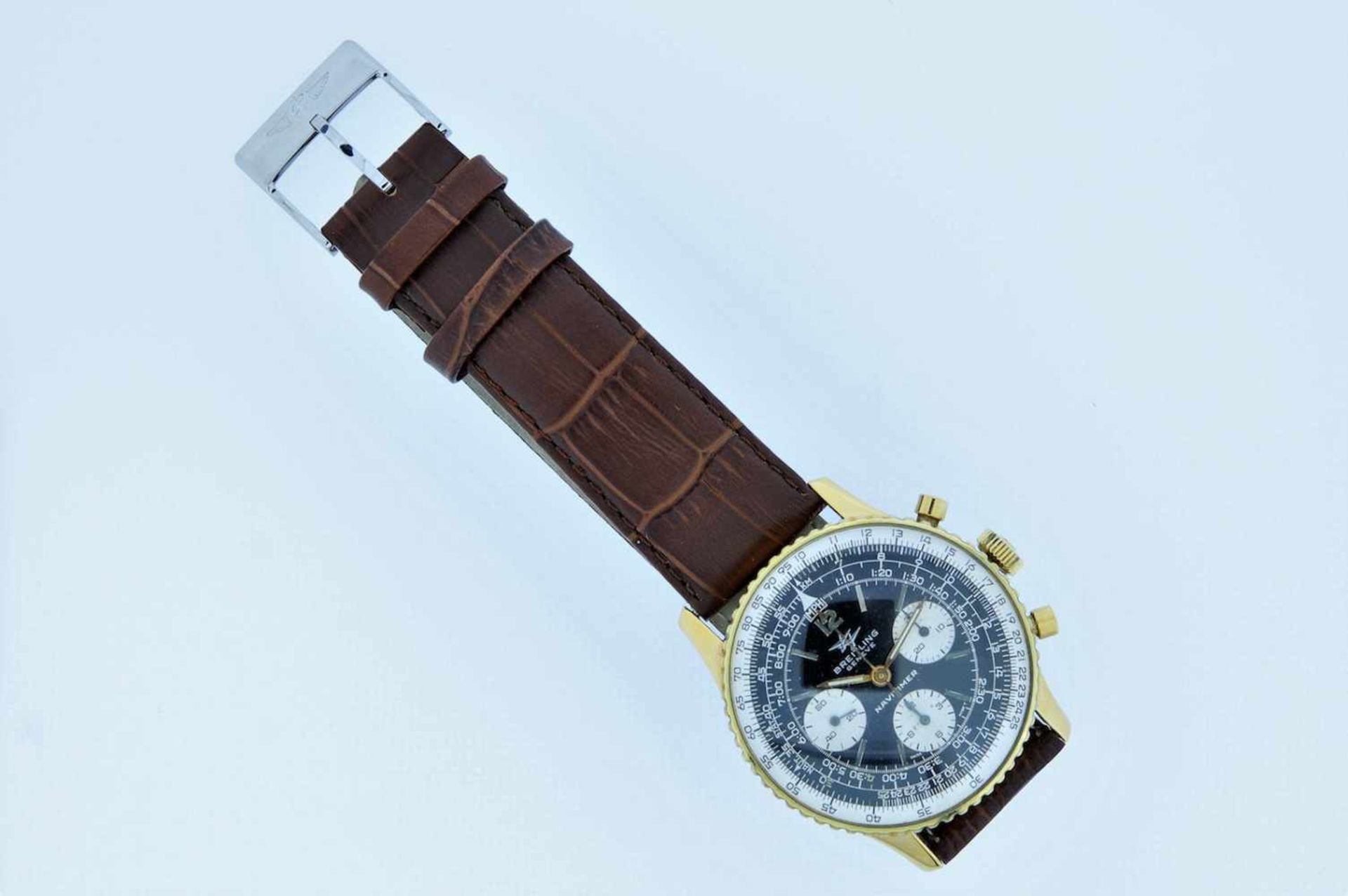 Breitling Stahl vergoldete Armbanduhr an Lederband, Breitling Navitimer, Fliegerchronograph, - Bild 3 aus 5