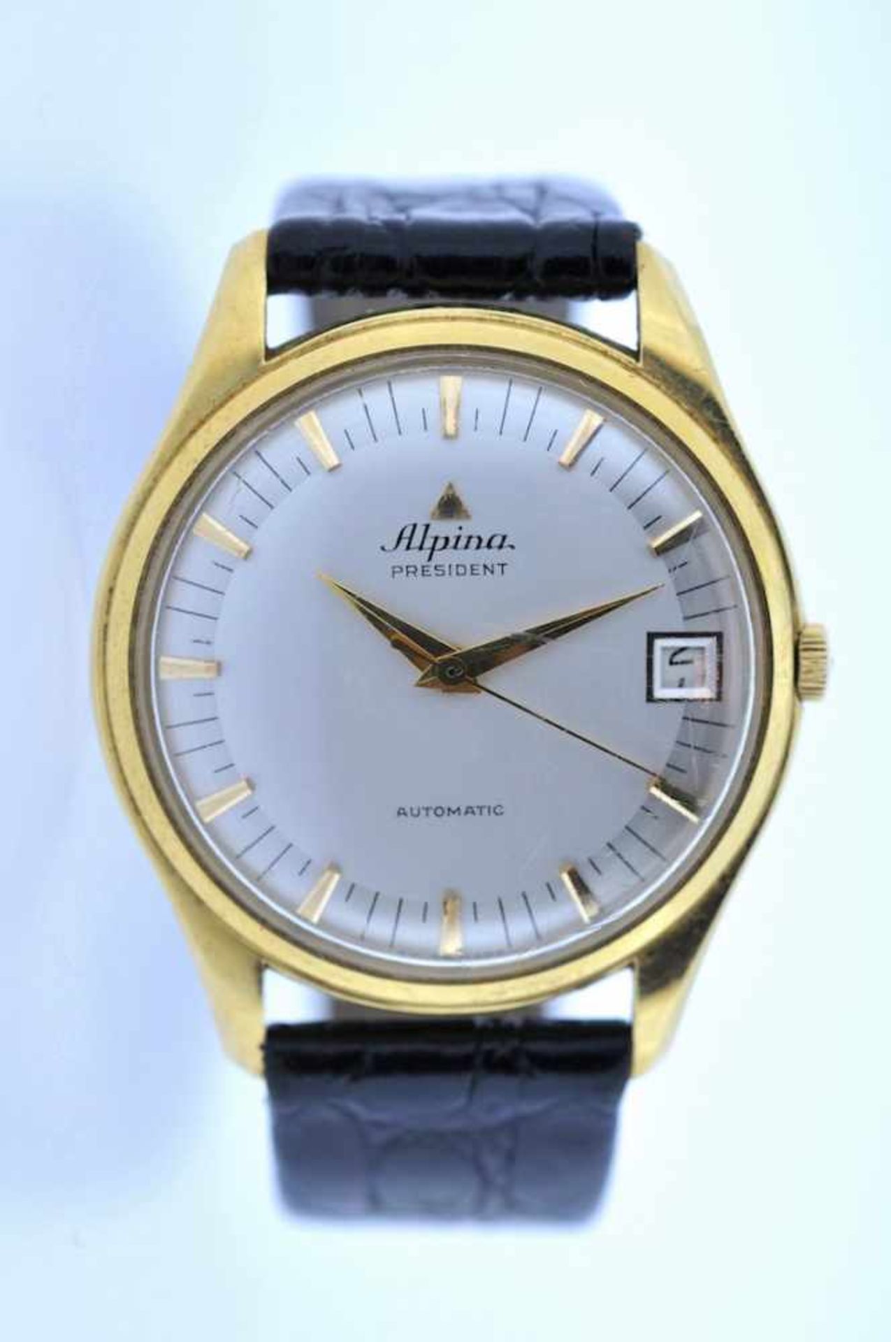 Alpina Goldene 18karätige Armbanduhr an Lederband, Alpina President, Automatik, Ankerwerk,