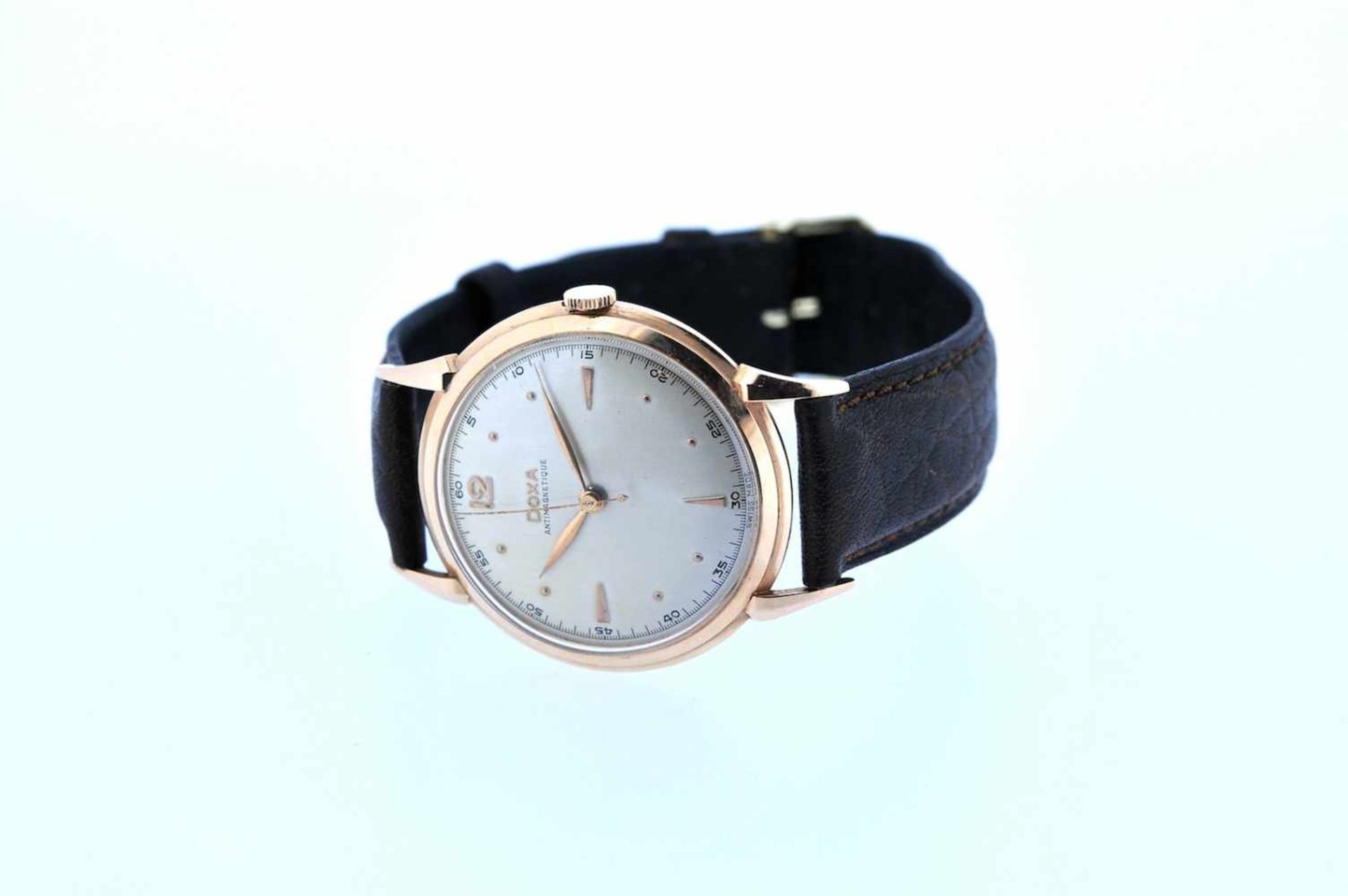 Doxa Roségoldene Armbanduhr an Lederband, Doxa Antimagnetique, Handaufzug, Ankerwerk, - Image 2 of 2