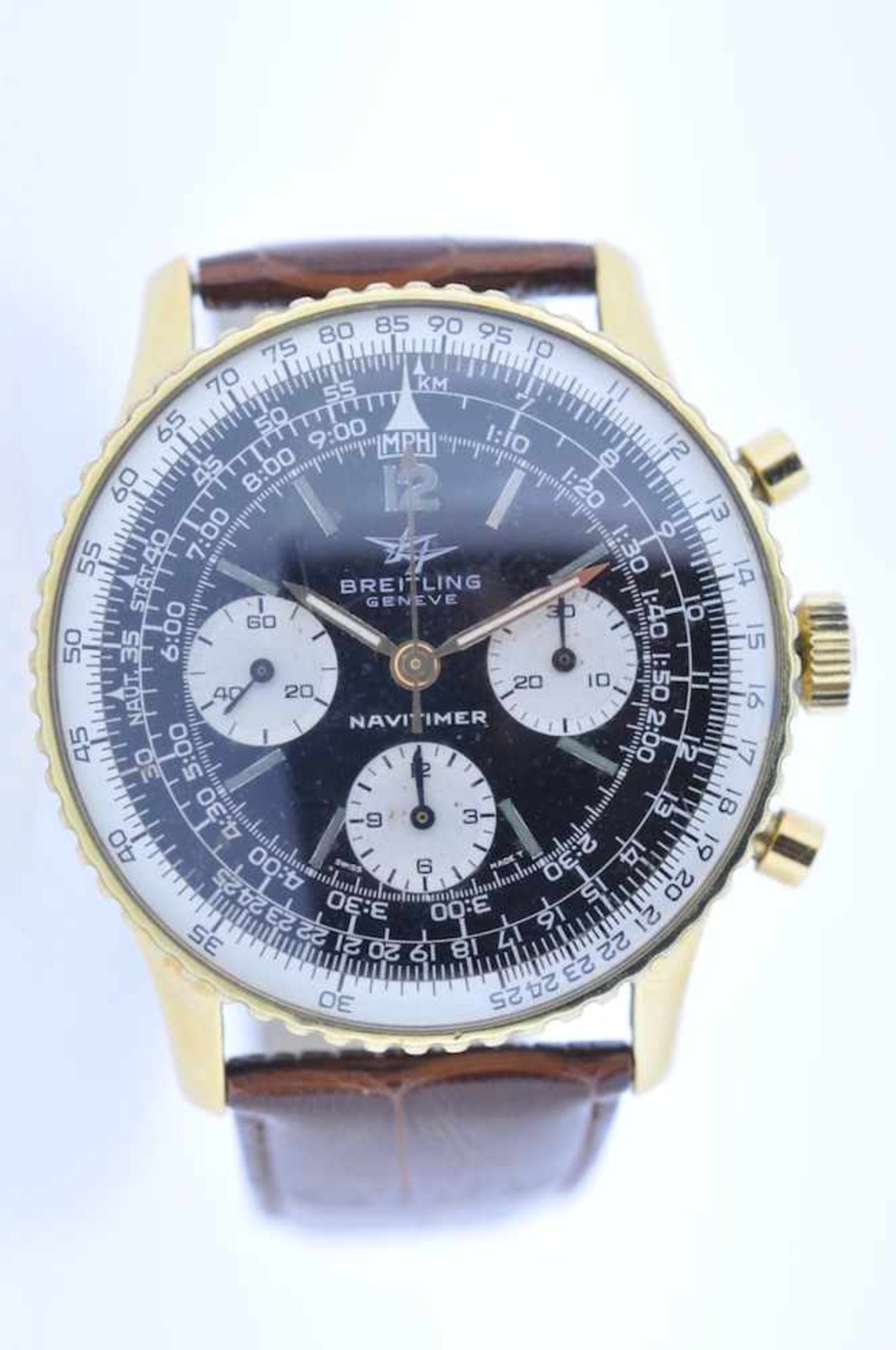 Breitling Stahl vergoldete Armbanduhr an Lederband, Breitling Navitimer, Fliegerchronograph,