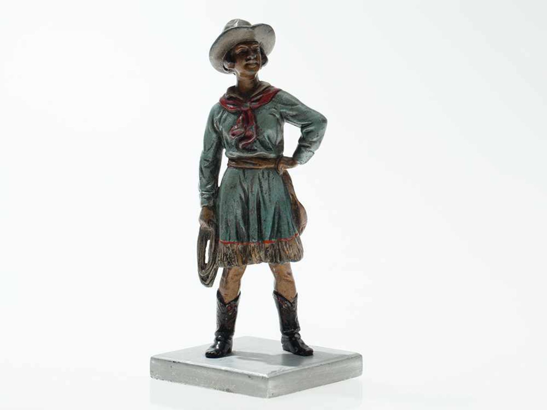 Hand painted 'Vienna Bronze' metal sculpture 'Cowgirl'”, 1920's White metal with iridescent hand