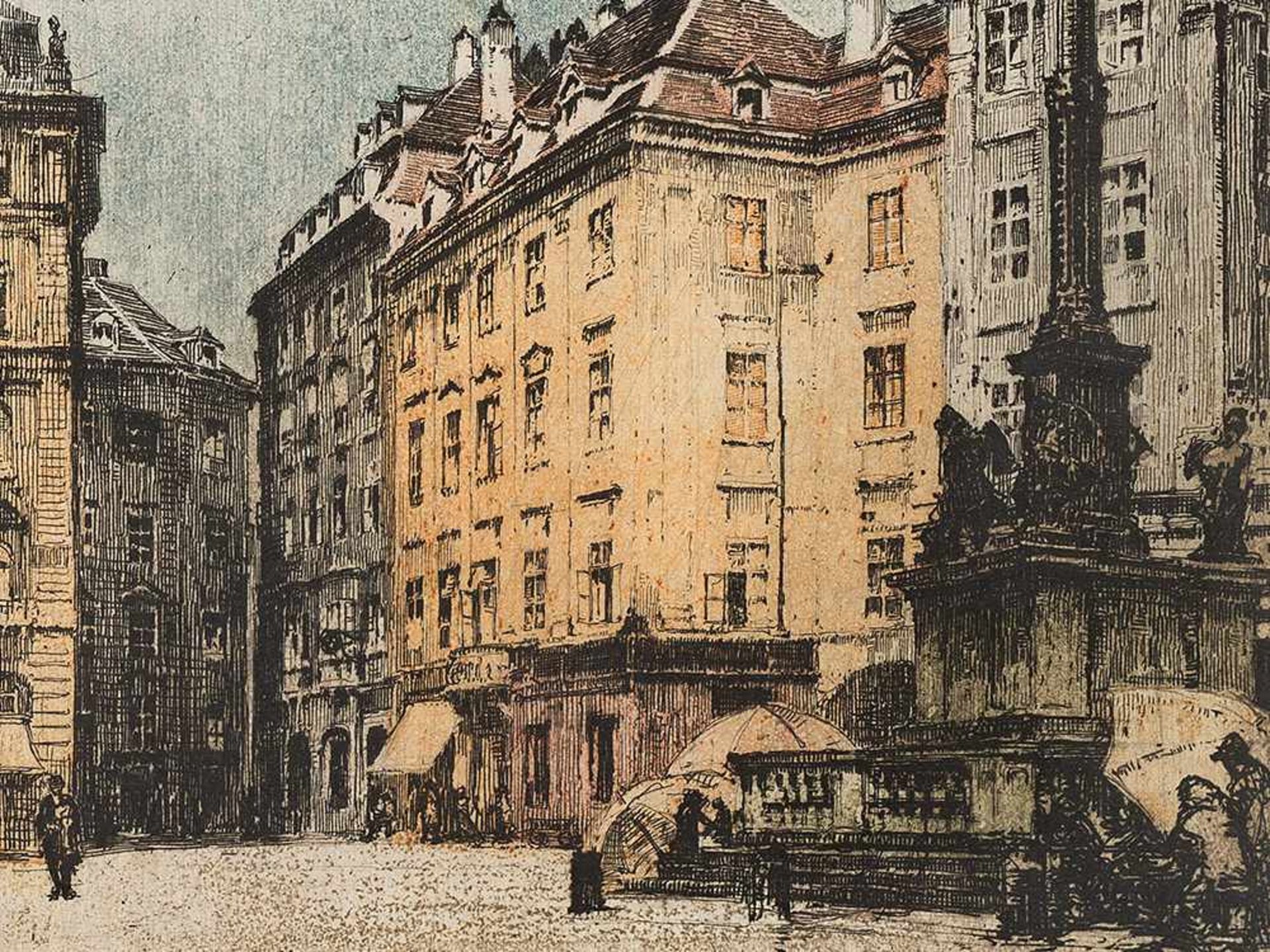 Luigi Kasimir, Mariensäule Am Hof, Farbradierung, Wien, 1911 Farbradierung auf Velin. Luigi