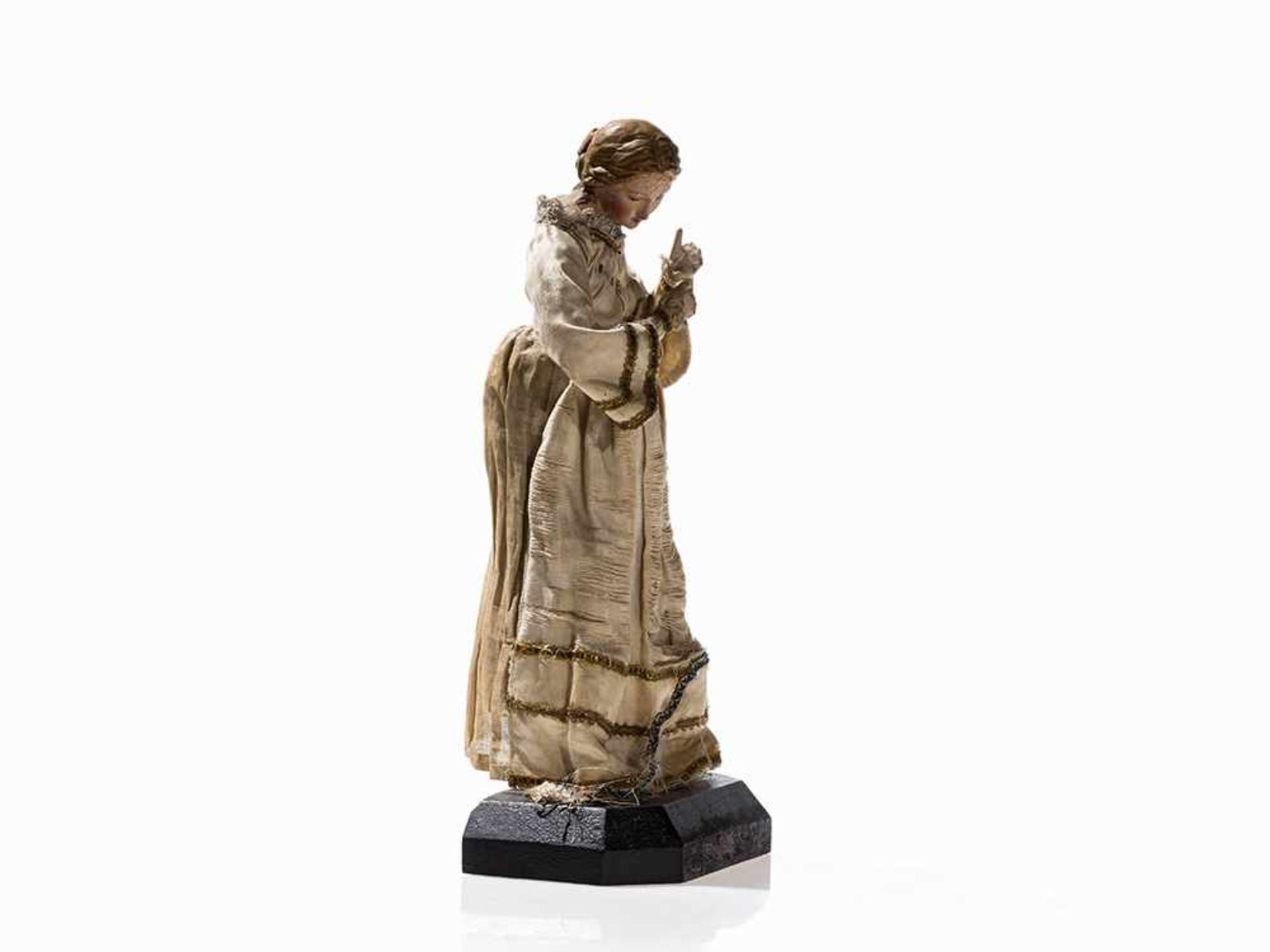 Neapolitanische Krippenfigur der Jungfrau Maria, 18. Jh. Keramik, polychrom gefasst, Samt, Stoff, - Image 3 of 5