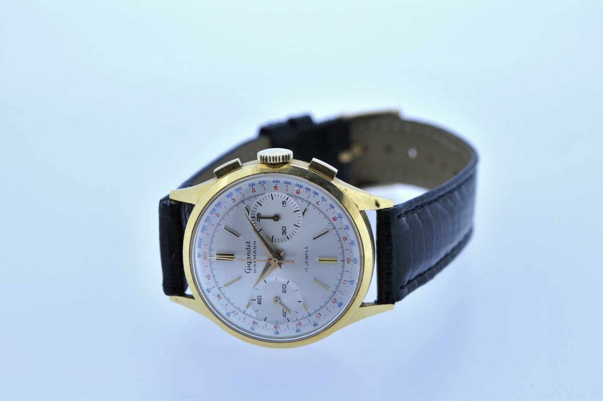 Gigandet Goldene 18karätige Armbanduhr an Lederband, Gigandet Wakmann, Chronograph, Stoppfunktion, - Image 5 of 5