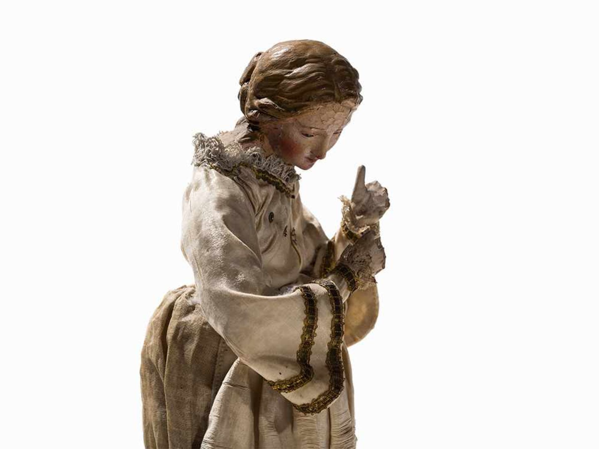 Neapolitanische Krippenfigur der Jungfrau Maria, 18. Jh. Keramik, polychrom gefasst, Samt, Stoff, - Bild 2 aus 5