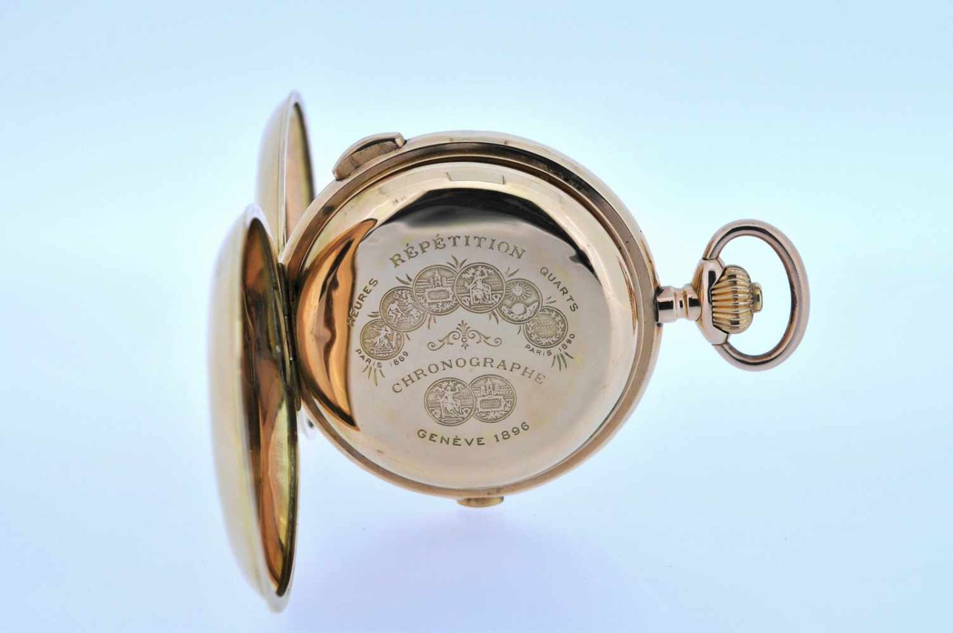 Viertelstundenrepetierer Goldene Taschenuhr mit Viertelstundenschlagwerk, kleiner Sekunde und - Bild 2 aus 4