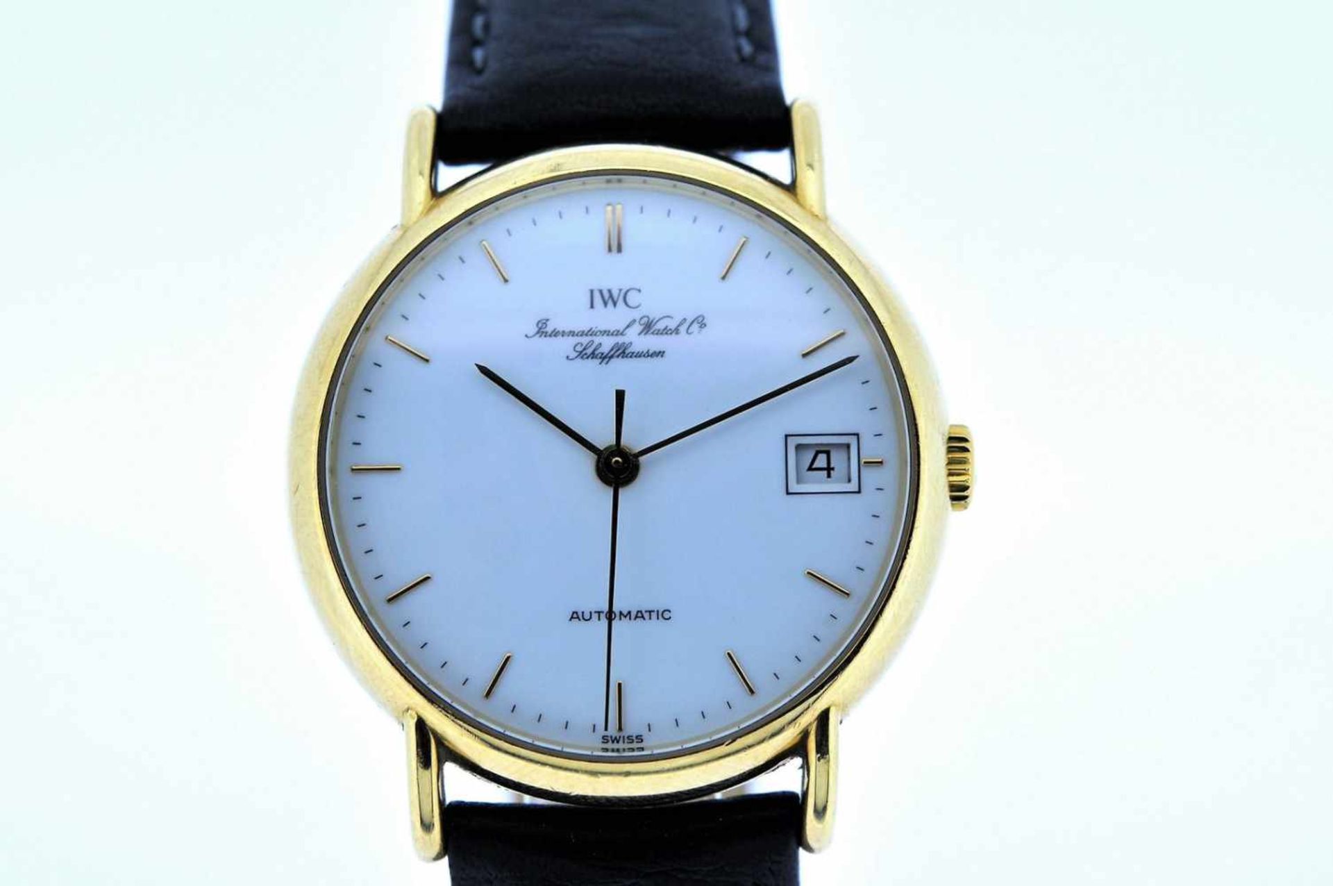 IWC Goldene 18karätige Armbanduhr an Lederband, IWC, Automatik, zentrale Sekunde, Ankerwerk, - Bild 4 aus 4