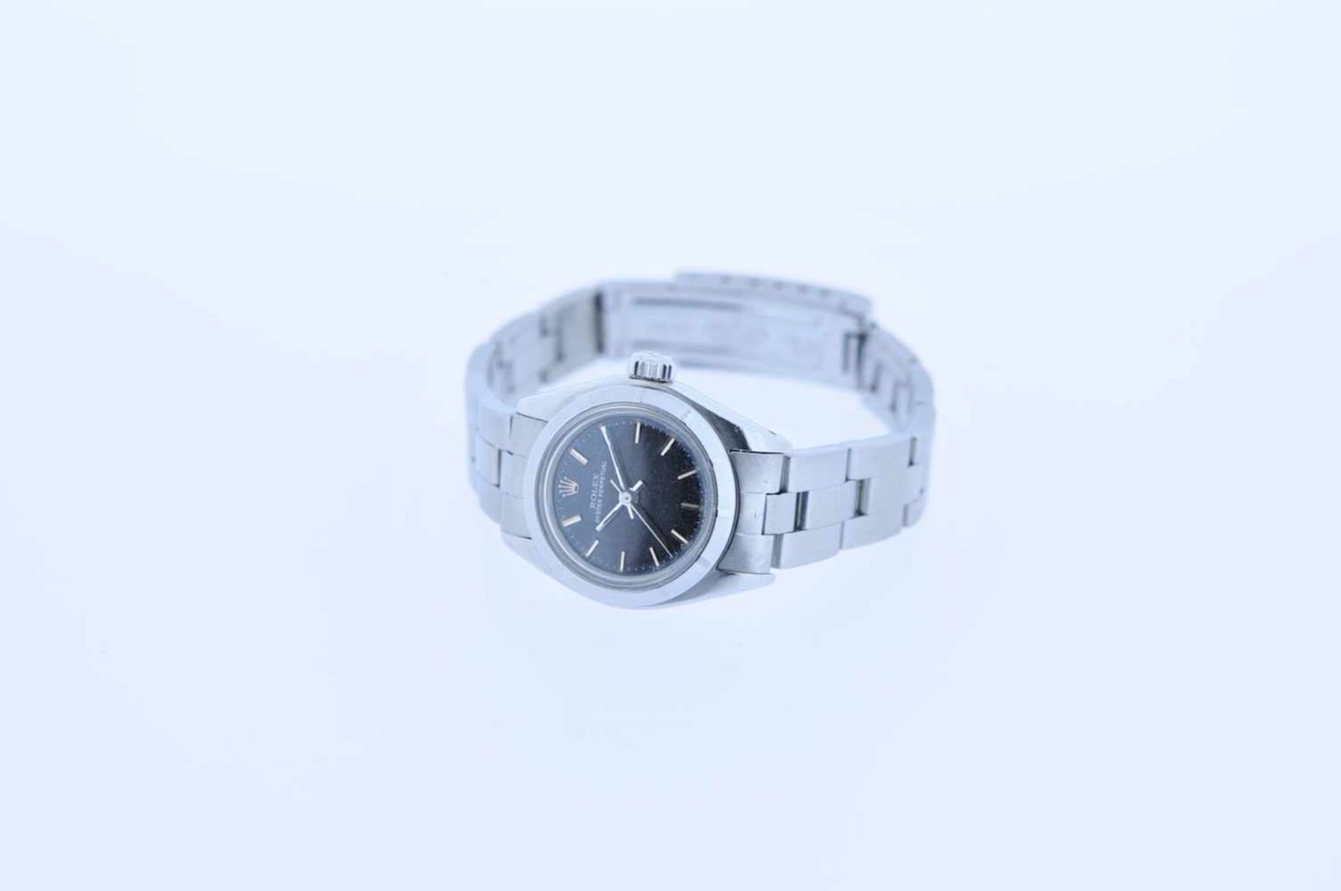 Rolex Edelstahl Damenuhrarmband, Rolex Oyster Perpetual, Automatik, Ankerwerk, schwarzes