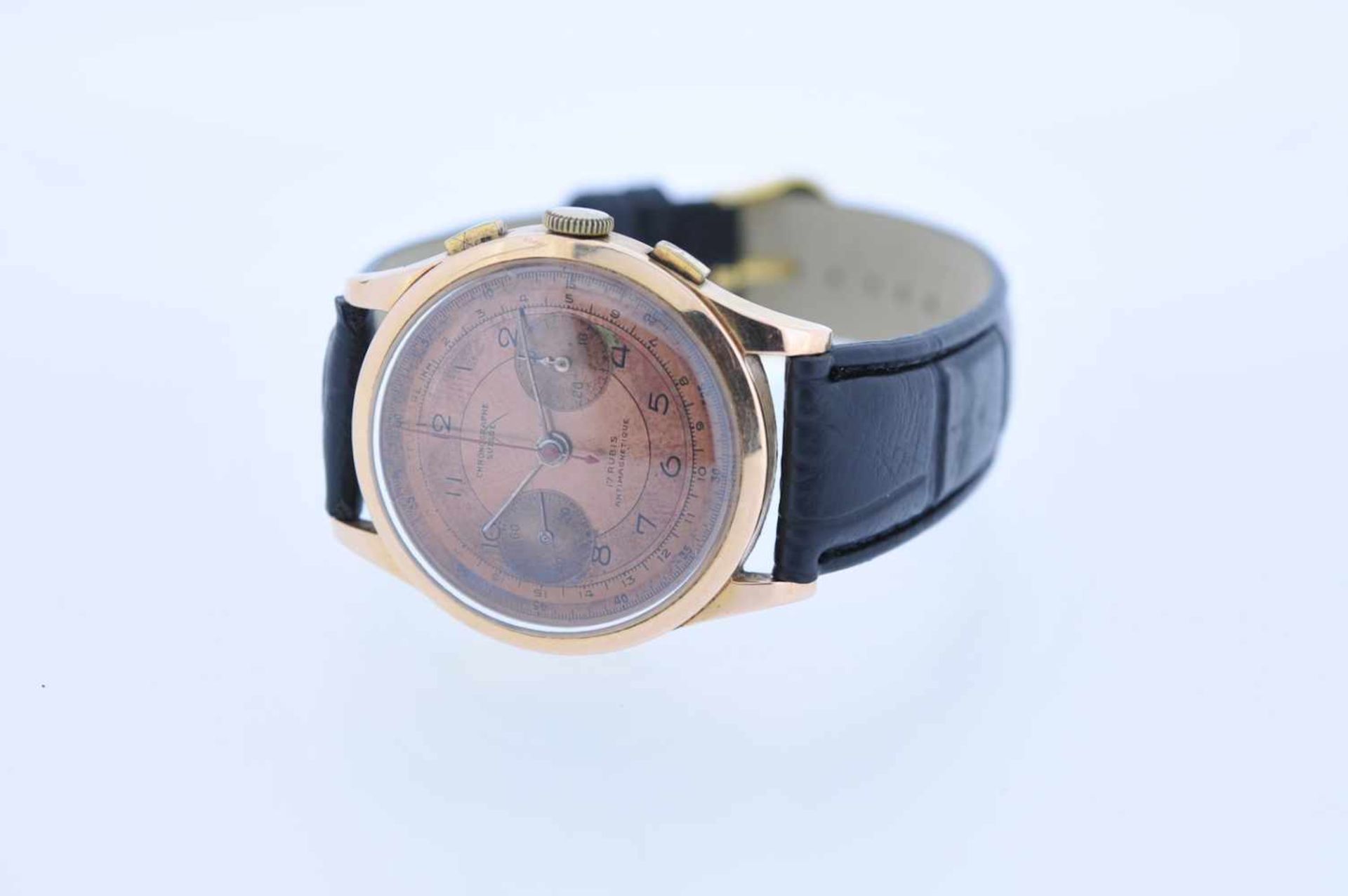 Chronographe Suisse Goldene 18 karätige Armbanduhr, Chronographe Suisse, Handaufzug, Ankerwerk, - Bild 3 aus 3