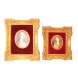 2 MINIATURPORTRAITS Elfenbein, Metallfassung mit Zierrand aus Messing vergoldet in rotem