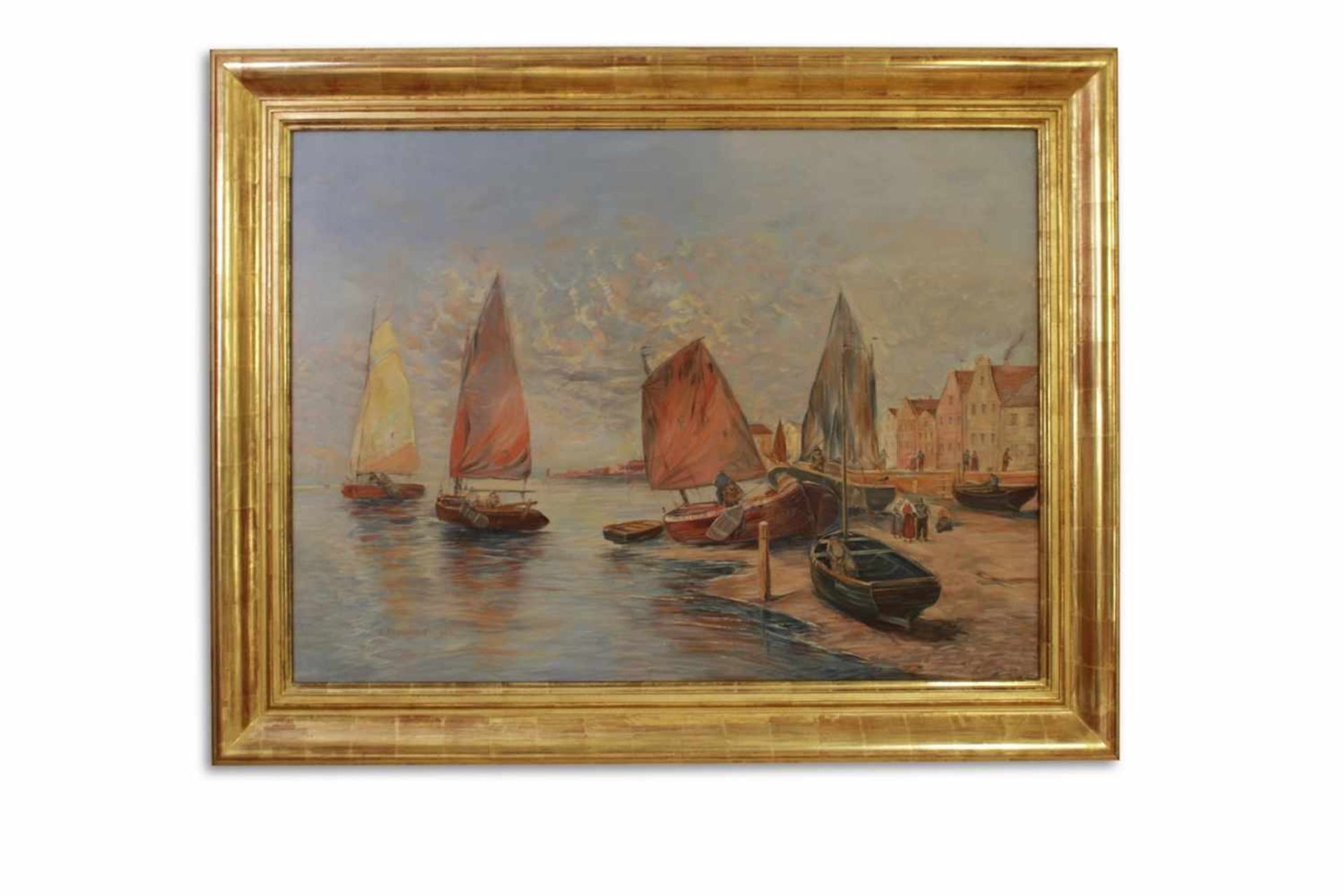 SEEBILD Seebild mit Fischerbooten und kleiner Hafenstadt, Georg Fischhoff (1859 - 1914), Öl auf