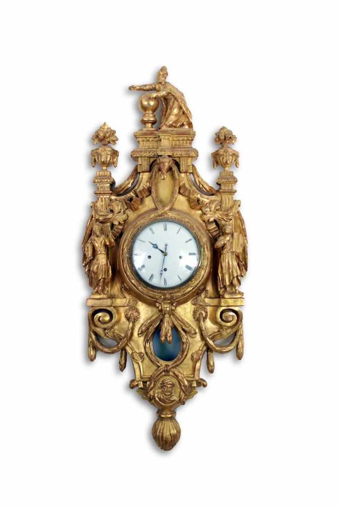 CARTELUHR Um 1780, Viertelstunden Werk, Schlag auf Glocke, blattvergoldet, Höhe 120 cm