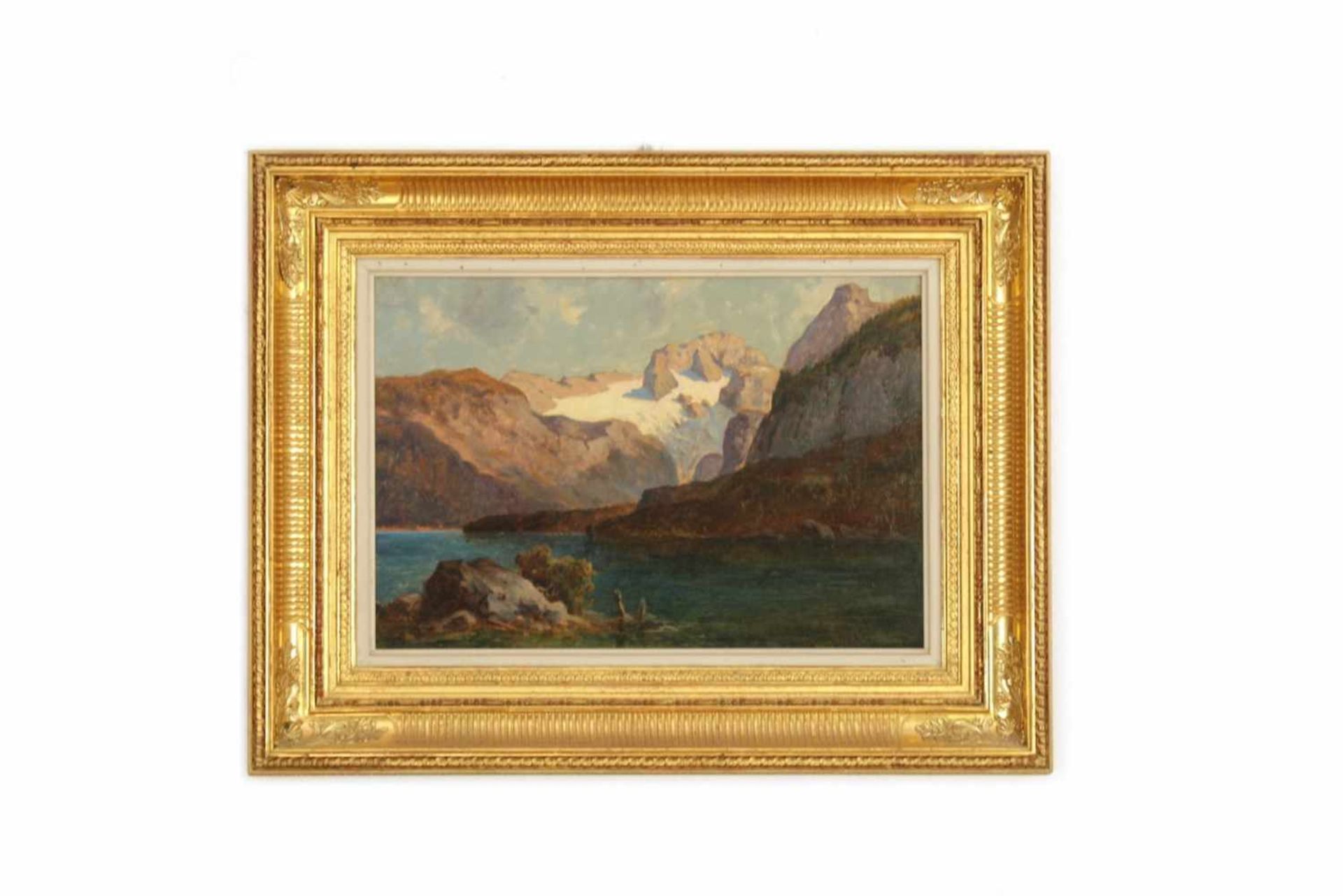 SEENLANDSCHAFT Seenlandschaftsbild, womöglich Salzkammergut, Öl auf Leinwand, 41 x 28 cm, in