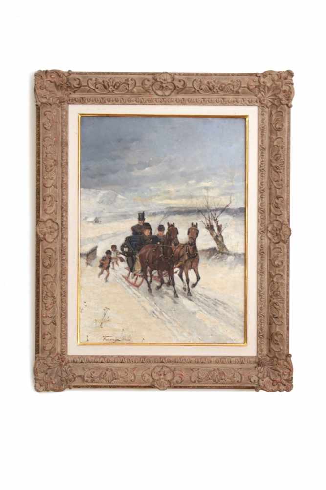 WINTERLANDSCHAFT Winterlandschaft mit Pferdekutsche und bettelnden Kindern, Lajos Kuhanyi, um