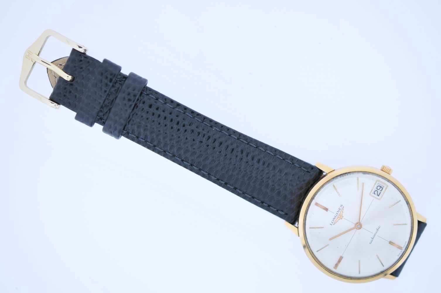 Longines Goldene Vintage Armbanduhr, Longines, Automatik, Ankerwerk, Datum, weißes Zifferblatt, an