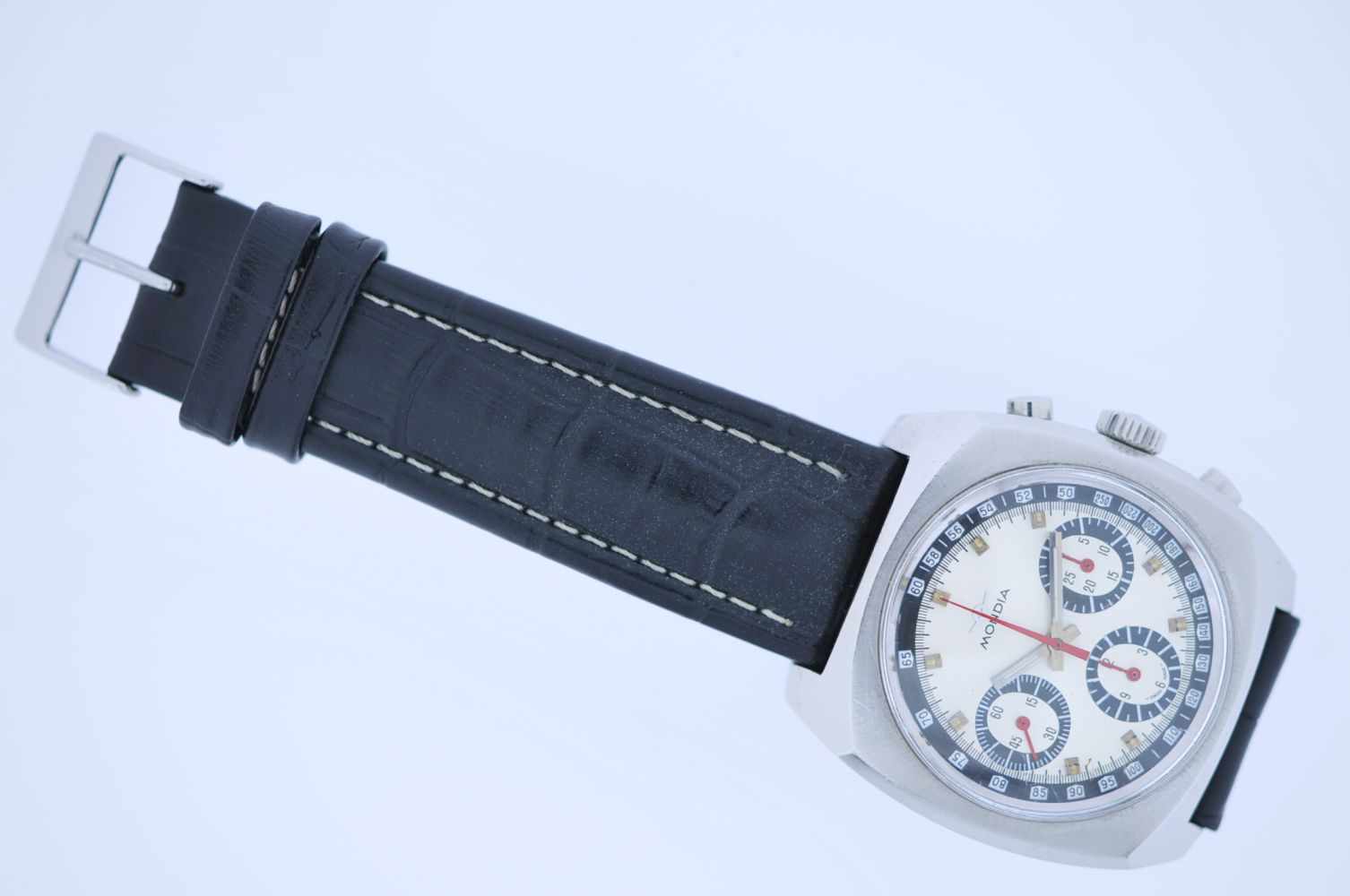Mondia Edelstahl Vintage Armbanduhr, Mondia Chronograph, Valjoux Handaufzugwerk, weißes Zifferblatt,