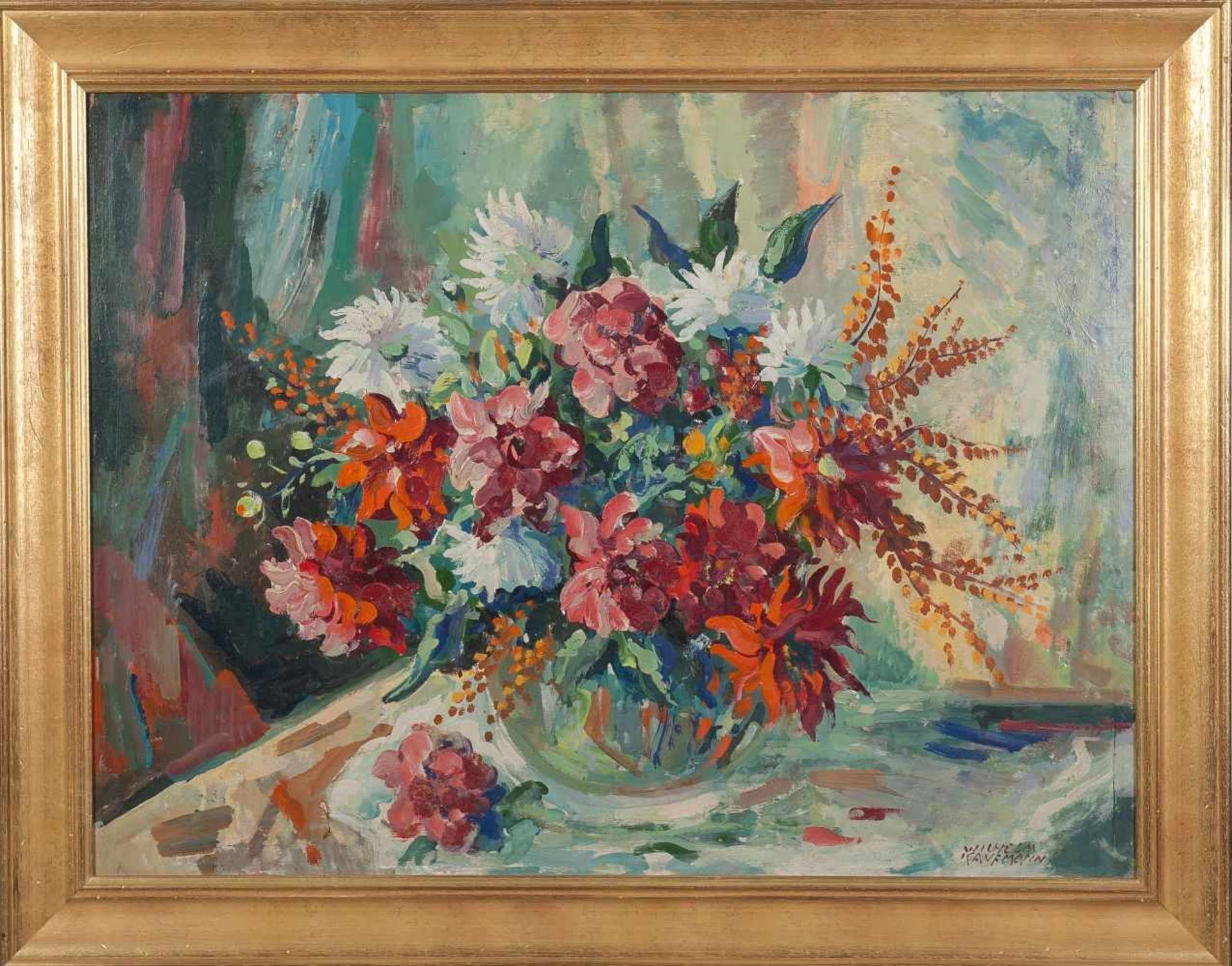 Üppiger Blumenstrauß in GlasvaseWilhelm Kaufmann(Wien 1895 - 1975)Öl auf Karton61 x 80 cm,