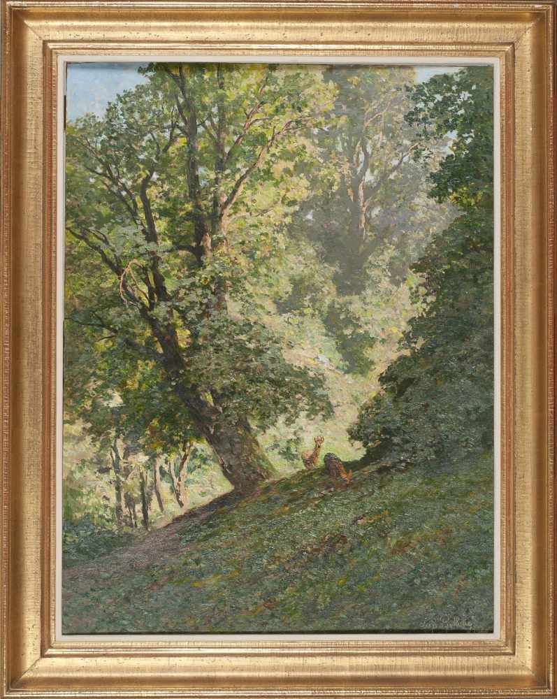 Morgen im Buchenwald (Rehe an einer Waldlichtung)Leopold Rothaug(Wien 1868 - 1959)Öl auf Karton 65 x