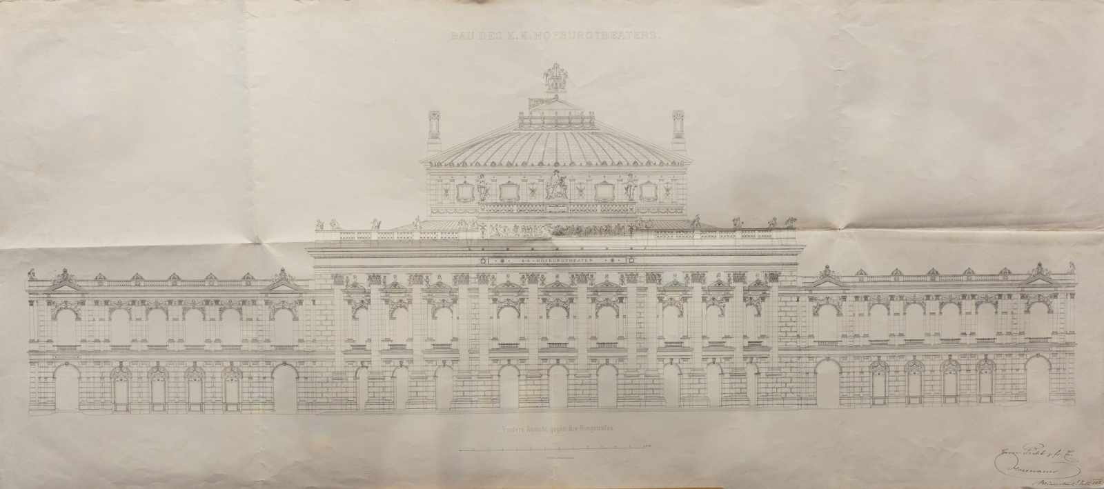 BURGTHEATER - HASENAUER, Carl v"Bau des K. K. Hofburgtheaters".- 3 sehr großformatige Aufriss- - Image 3 of 3