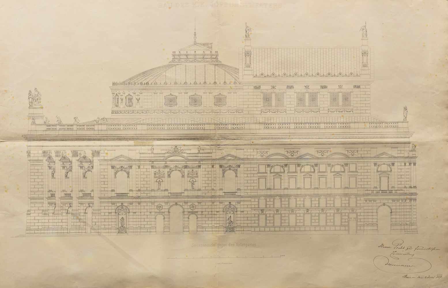 BURGTHEATER - HASENAUER, Carl v"Bau des K. K. Hofburgtheaters".- 3 sehr großformatige Aufriss-