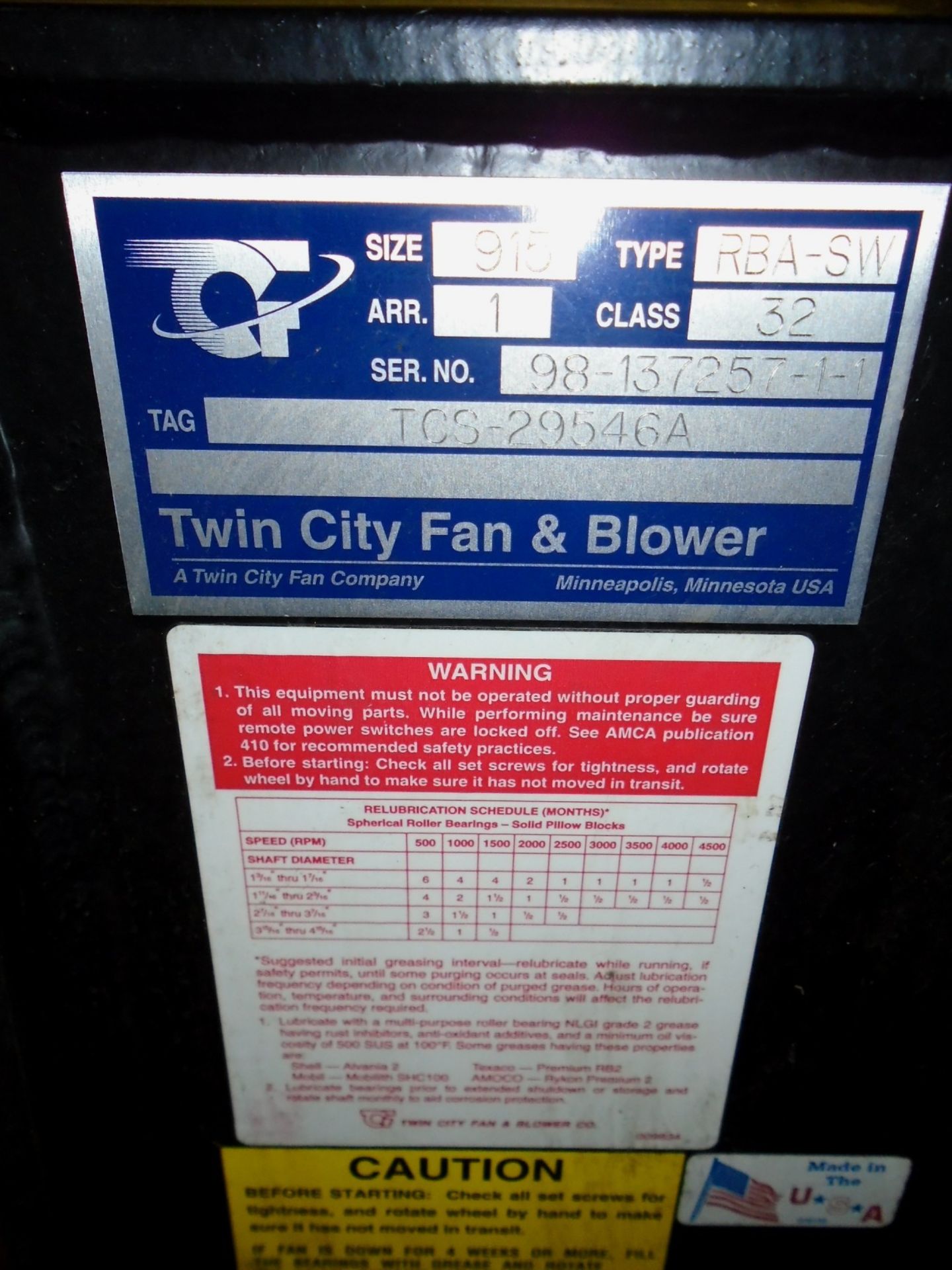 TWIN CITY FAN AND BLOWER, TYPE RBA-SW, SIZE 915, S/N 98-137257-1-1 LOAD OUT FEE: 200 - Image 3 of 3