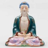"Buda de la Felicidad con pelo azul" Figura escultórica en porcelana china familia rosa. Trabajo