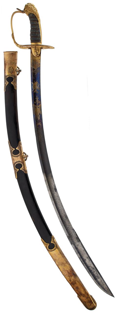 AN 1803 PATTERN GRENADIER OFFICER'S SWORD, 79cm curved blade with clipped back point, decorated with