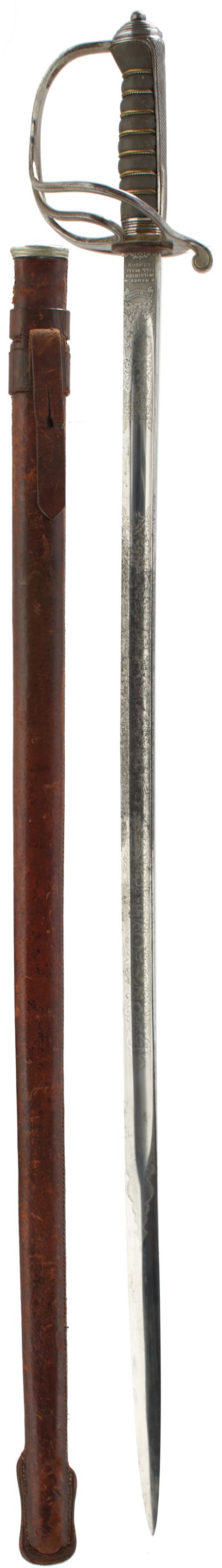 A ROYAL ARTILLERY OFFICER'S SWORD BY WILKINSON, 86cm slightly curved blade etched with scrolling
