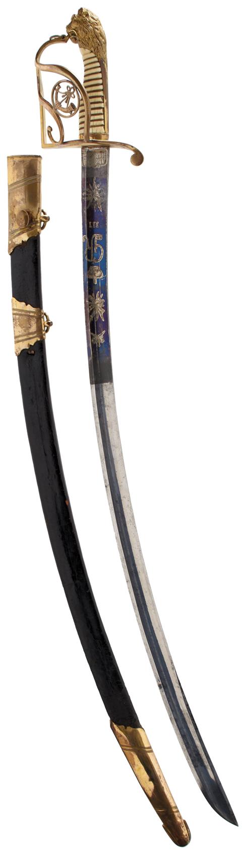 A GEORGIAN LIGHT COMPANY OFFICER'S SWORD, 82.5cm curved blade decorated with stands of arms, crowned