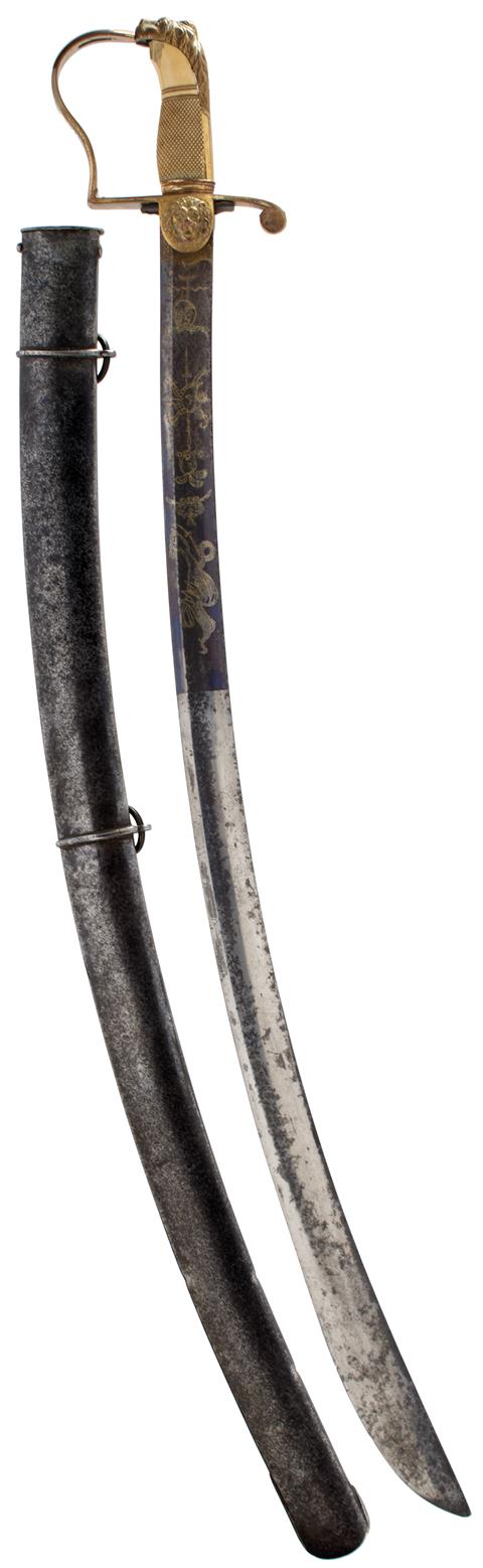 A GEORGIAN CAVALRY SABRE, 82.5cm curved blade decorated with stands of arms, crescent motifs, a