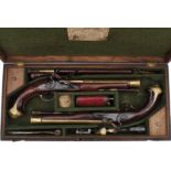 A CASED PAIR OF 8-BORE BRASS BARRELLED FLINTLOCK BLUNDERBUSS PISTOLS, 9.25inch four-stage barrels